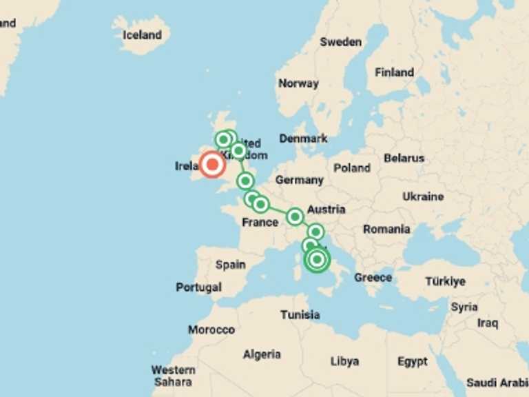 Map itinerary of Mediterranean Tour in July 2026 with 11 destination visits for the trip: Unbelievable Adventure