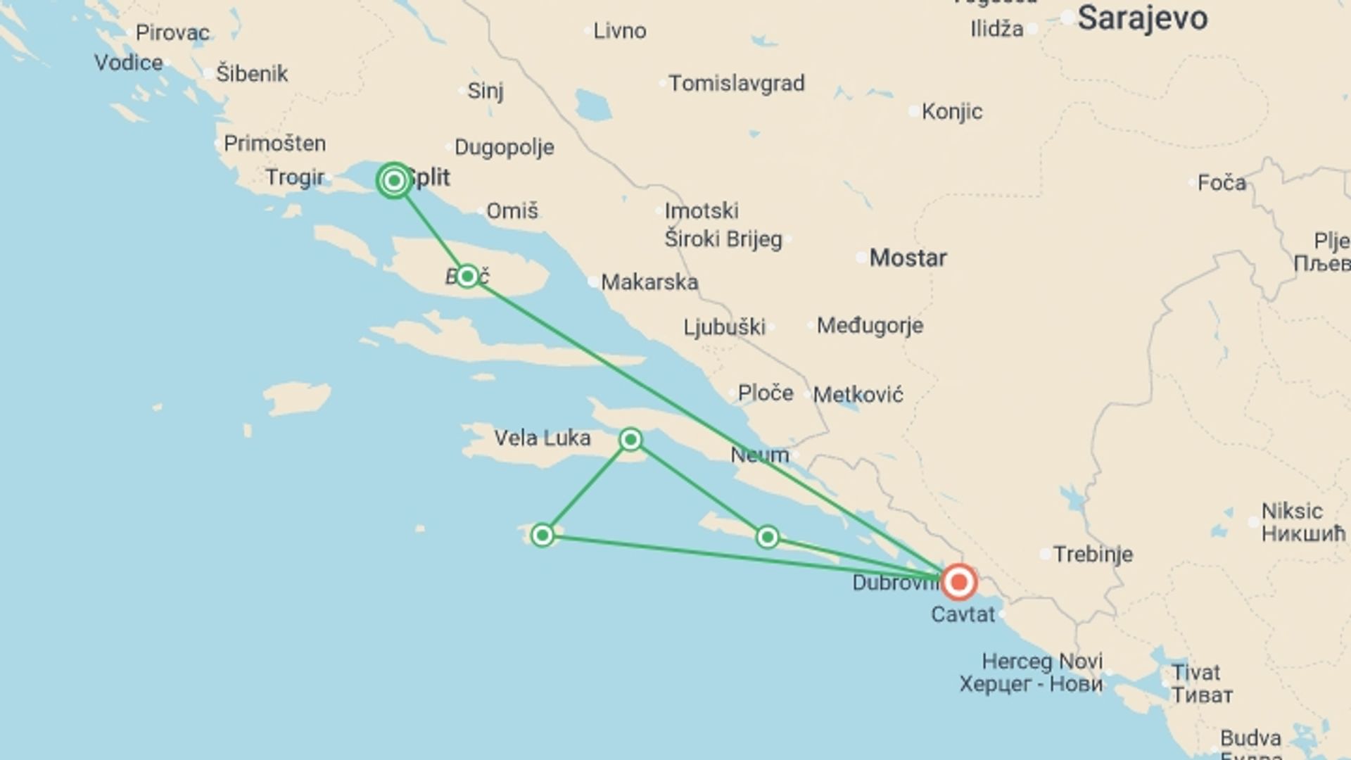 A map showing the tour itinerary for the trip: Croatia Sailing Adventure: Split to Dubrovnik, starting in Split, Croatia and ending in Dubrovnik, Croatia going through 4 other destinations.