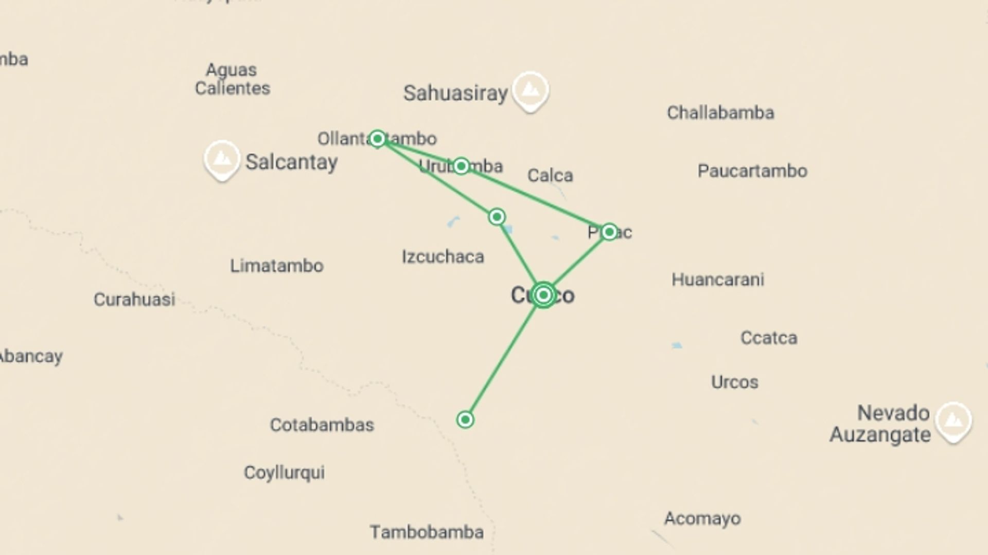 A map showing the tour itinerary for the trip: Cuzco Welcome Package 4D/3N, starting in Cusco, Peru and ending in Cusco, Peru going through 1 other destinations.