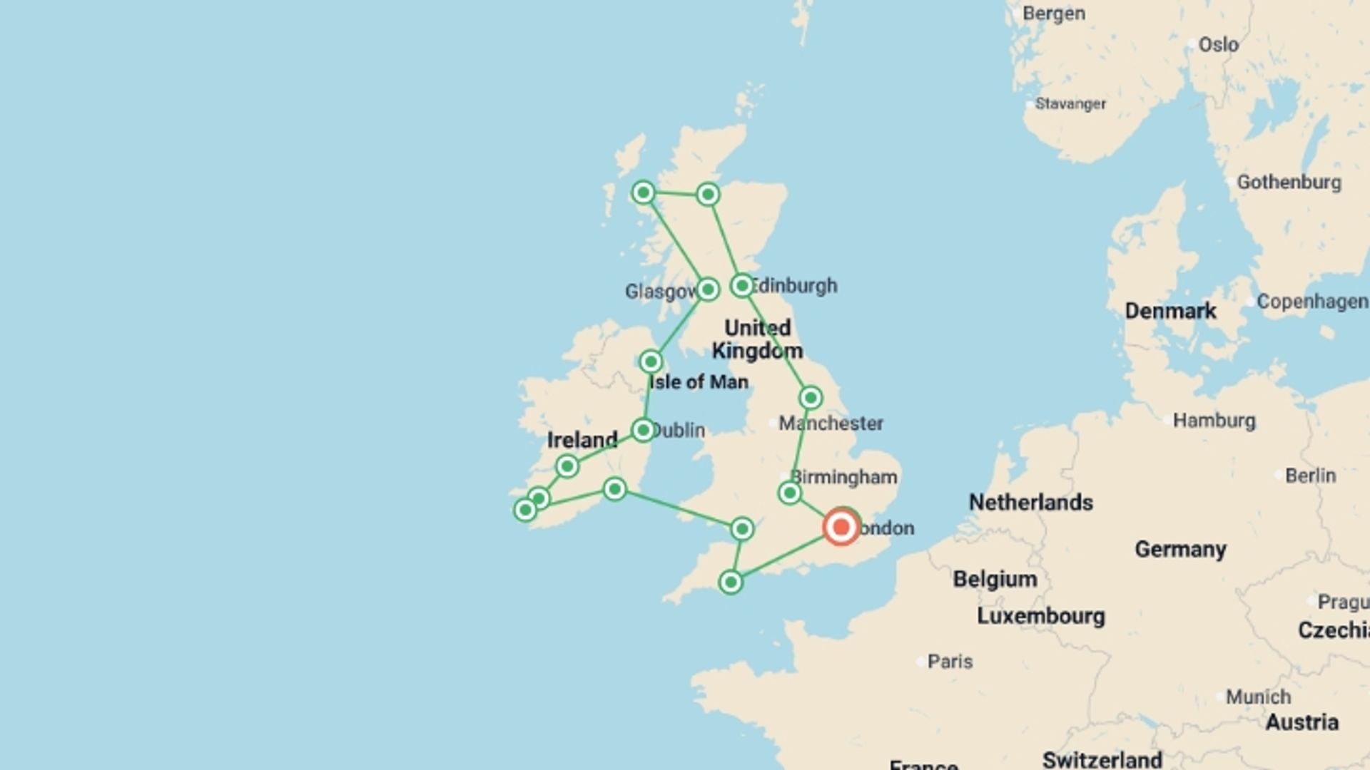 A map showing the tour itinerary for the trip: Romantic Britain & Ireland, starting in Stratford, England and ending in London, England going through 15 other destinations.