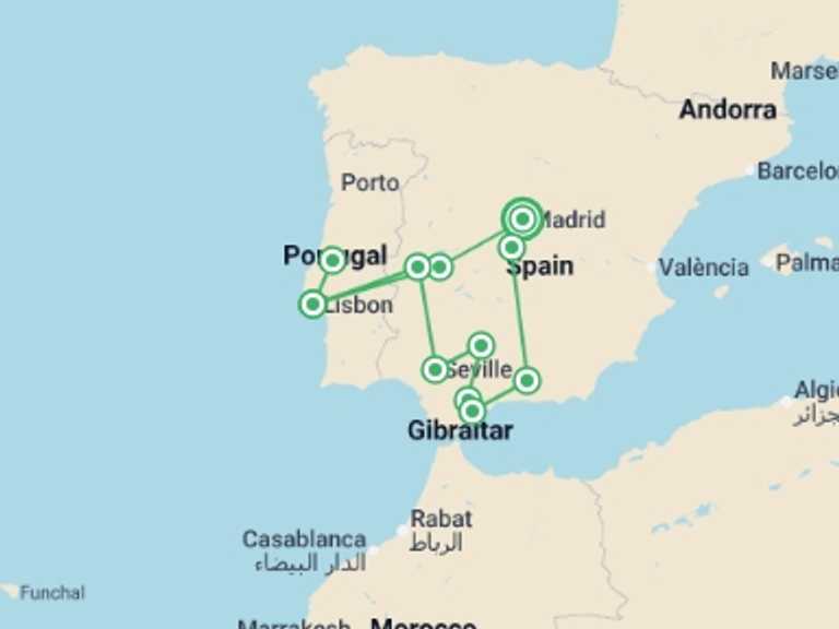 Map of Spain Tour with 7 destination visits for the trip: Lisbon & Andalucia From Madrid - 9 days