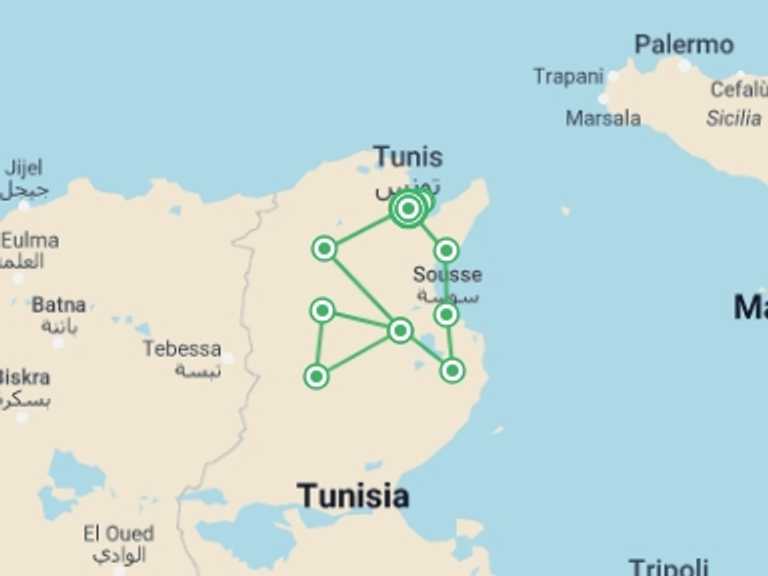 Map of Tunisia Tour with 3 destination visits for the trip: Step Back Into The Millennium, Small Group Tour