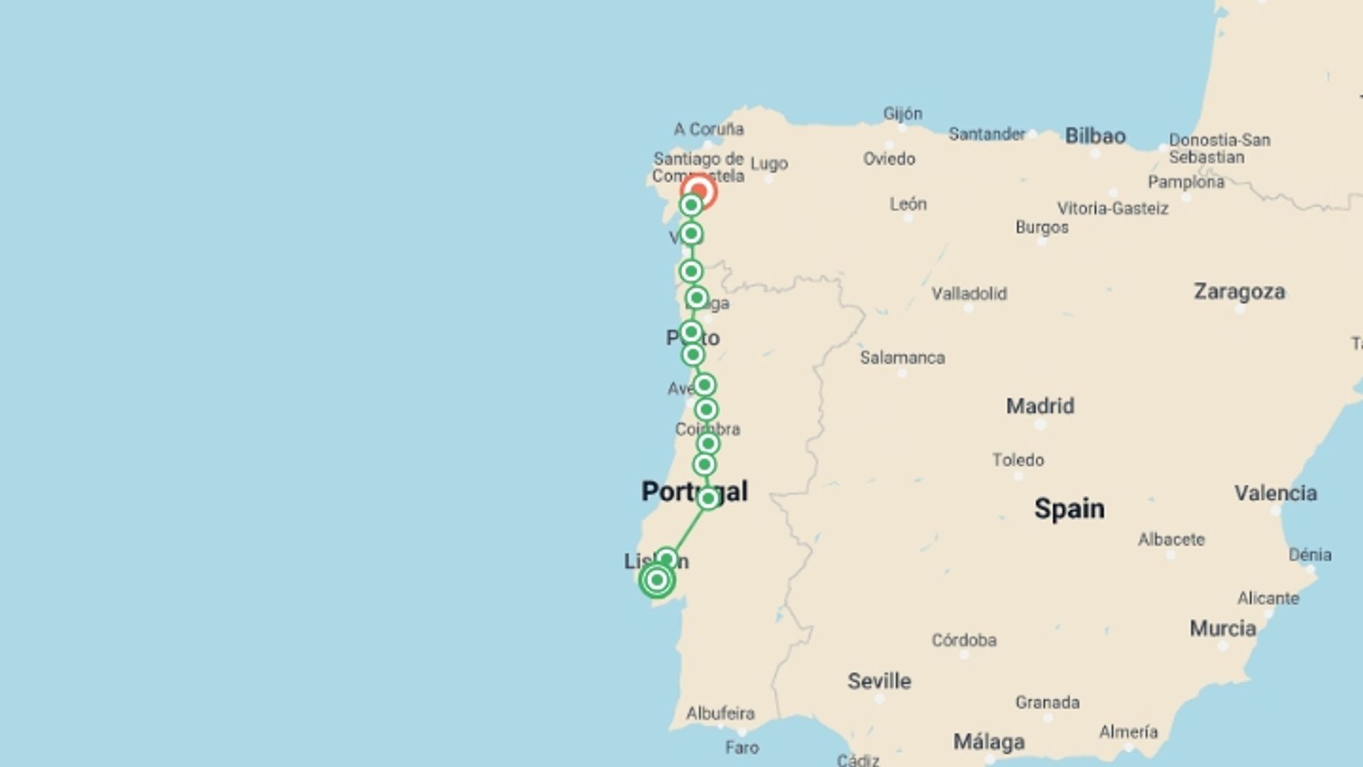 A map showing the tour itinerary for the trip: Full Portuguese Camino Cycle, starting in Lisbon, Portugal and ending in Santiago De Compostela, Spain going through 12 other destinations.