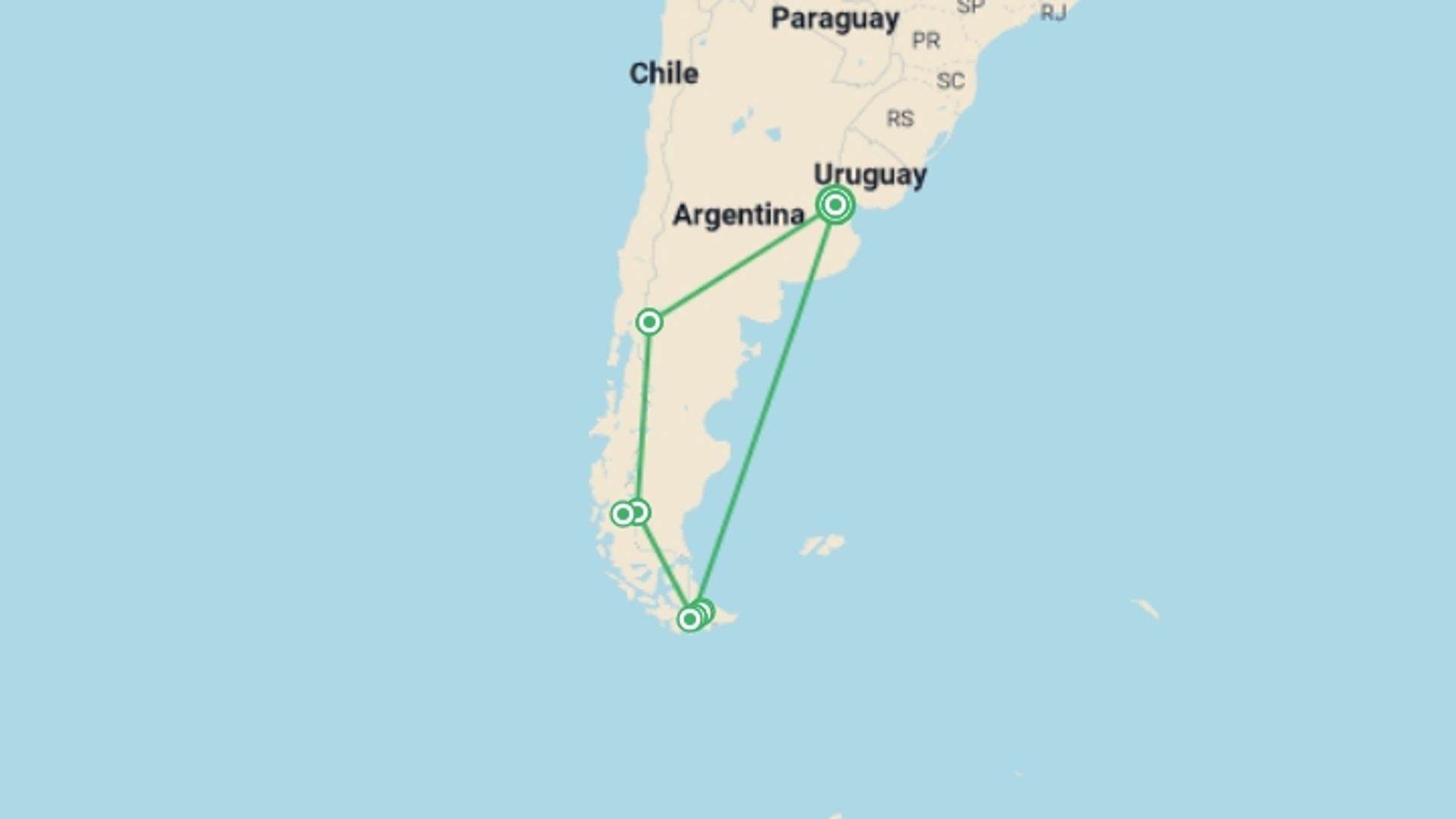 A map showing the tour itinerary for the trip: Patagonia Argentina Air-Expedition 14D/13N, starting in Buenos Aires, Argentina and ending in Buenos Aires, Argentina going through 3 other destinations.