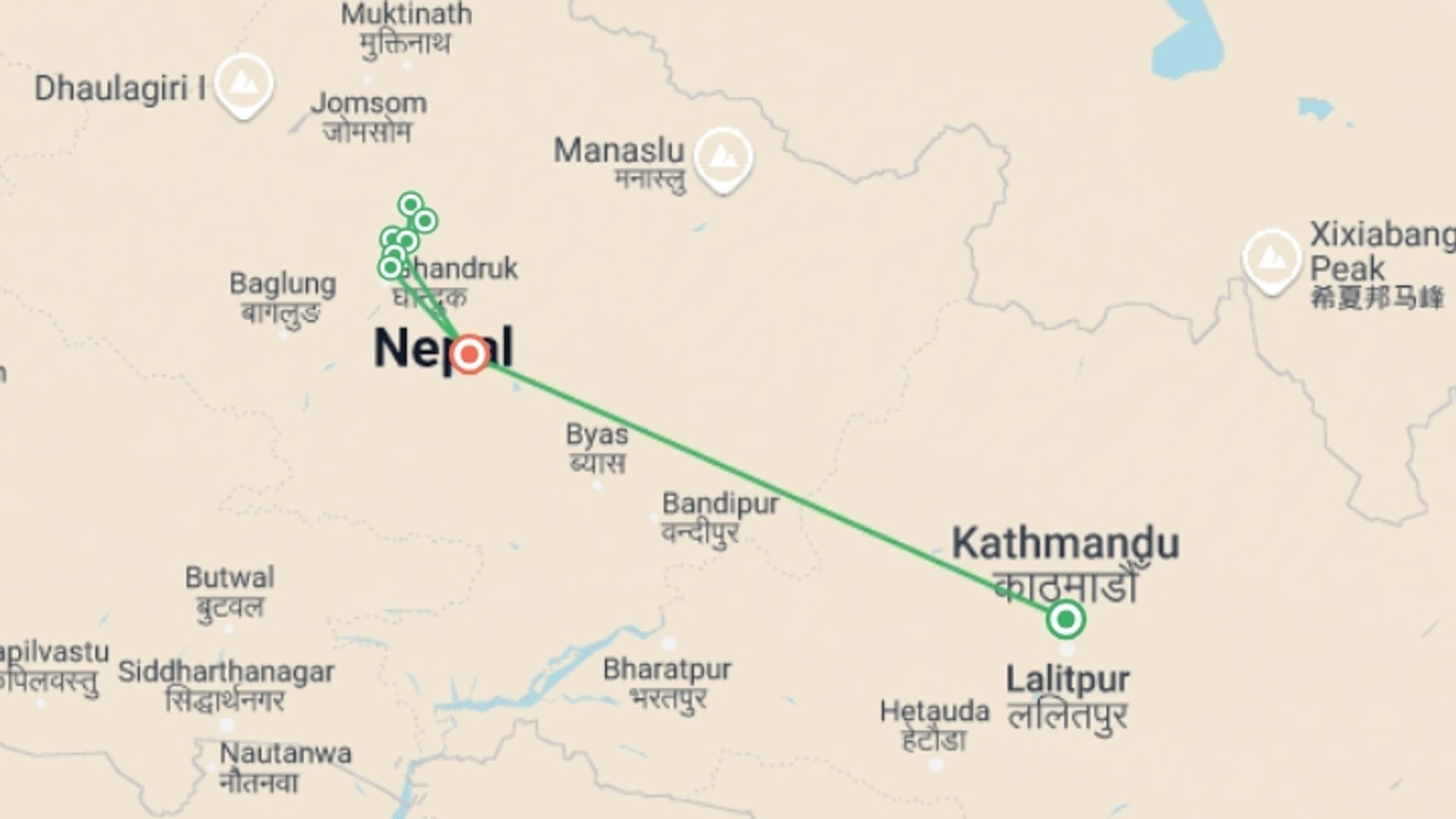 A map showing the tour itinerary for the trip: Short Annapurna Base Camp Trek, starting in Kathmandu, Nepal and ending in Pokhara, Nepal going through 7 other destinations.