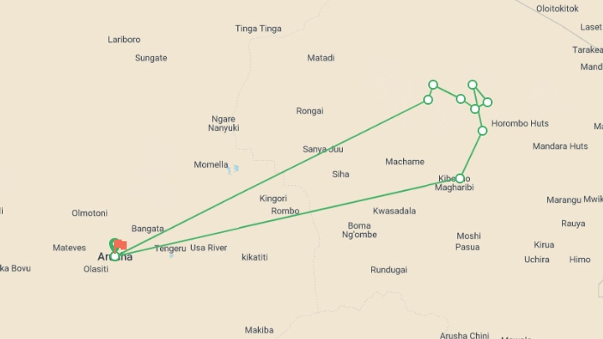 A map showing the tour itinerary for the trip: 9-Day Tanzania Holiday Kilimanjaro Climbing Machame Route, starting in Arusha, Tanzania and ending in Arusha, Tanzania going through 8 other destinations.