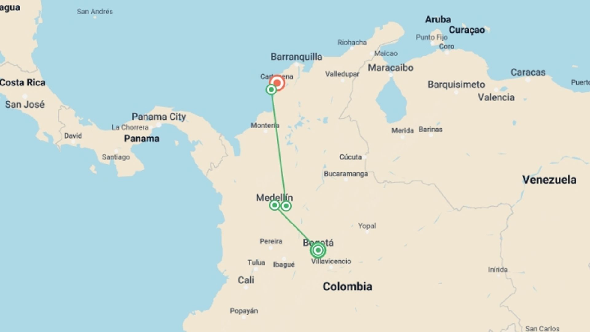 A map showing the tour itinerary for the trip: Colombia: Andean Vistas to Guatapé & the Caribbean, starting in Bogota, Colombia and ending in Cartagena, Colombia going through 3 other destinations.