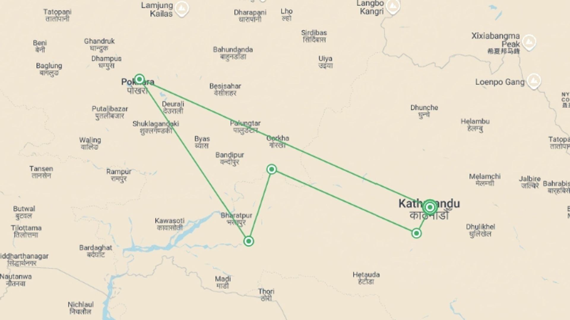 A map showing the tour itinerary for the trip: Journeys: Discover Nepal, starting in Kathmandu, Nepal and ending in Kathmandu, Nepal going through 4 other destinations.