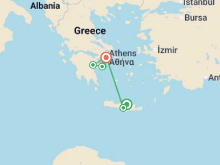 Map of Nafplion City sightseeing Tour with 6 destination visits for the trip: A Taste of Greece - Crete to the Peloponnese