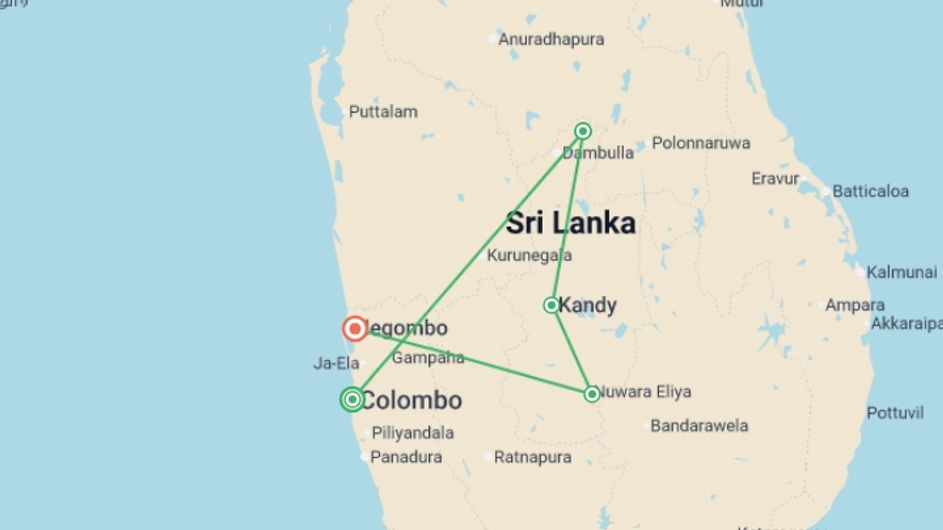A map showing the tour itinerary for the trip: Best of Sri Lanka, starting in Colombo, Sri Lanka and ending in Negombo, Sri Lanka going through 3 other destinations.