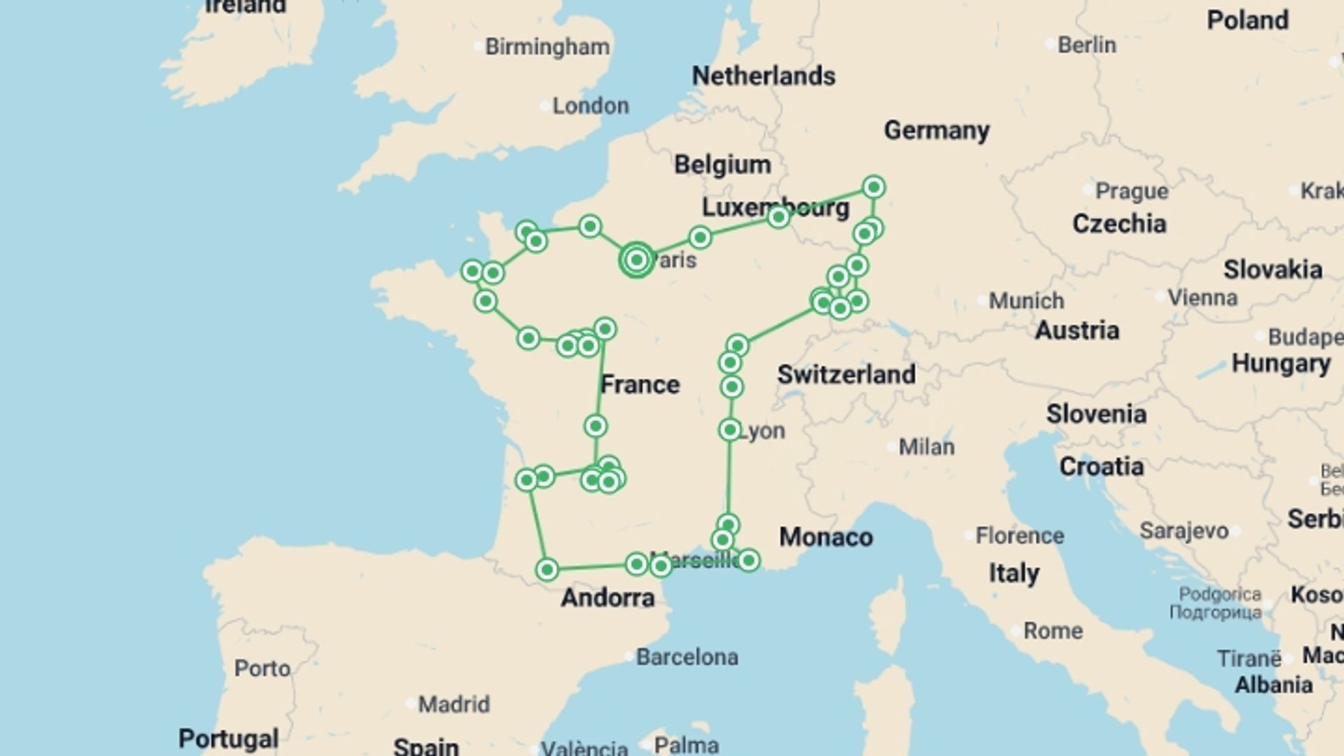 A map showing the tour itinerary for the trip: French passion and the Black Forest, starting in Paris, France and ending in Paris, France going through 13 other destinations.