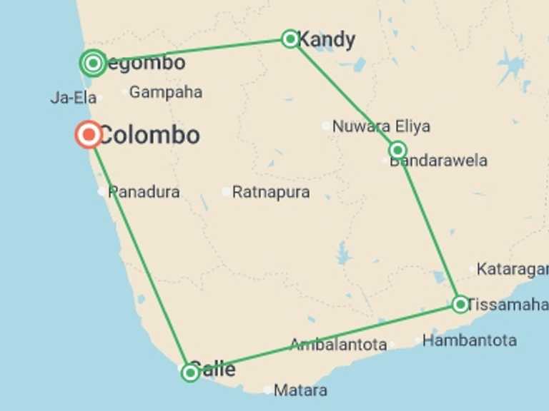 Map of Sri Lanka Tour with 6 destination visits for the trip: Essential Sri Lanka