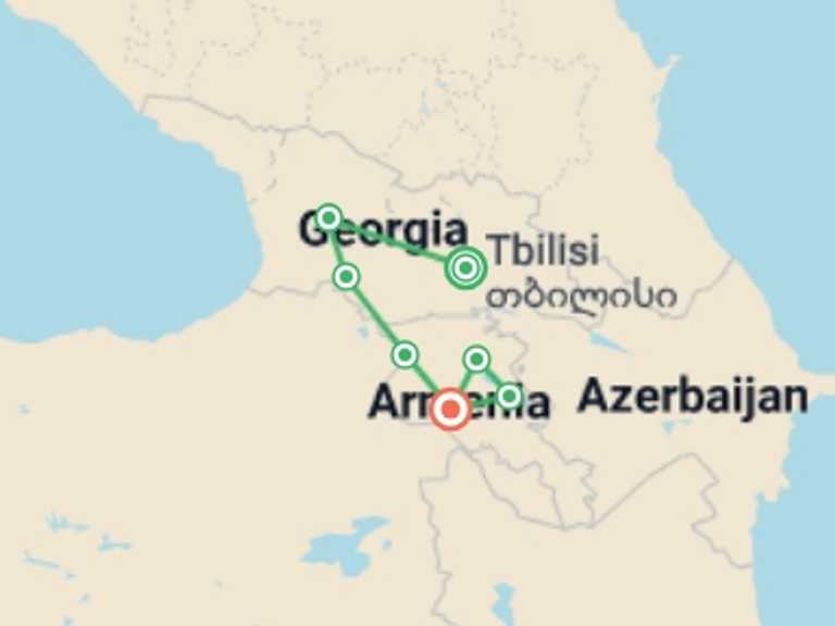 Map itinerary of Kutaisi Tour in September 2026 with 7 destination visits for the trip: Georgia & Armenia Explorer