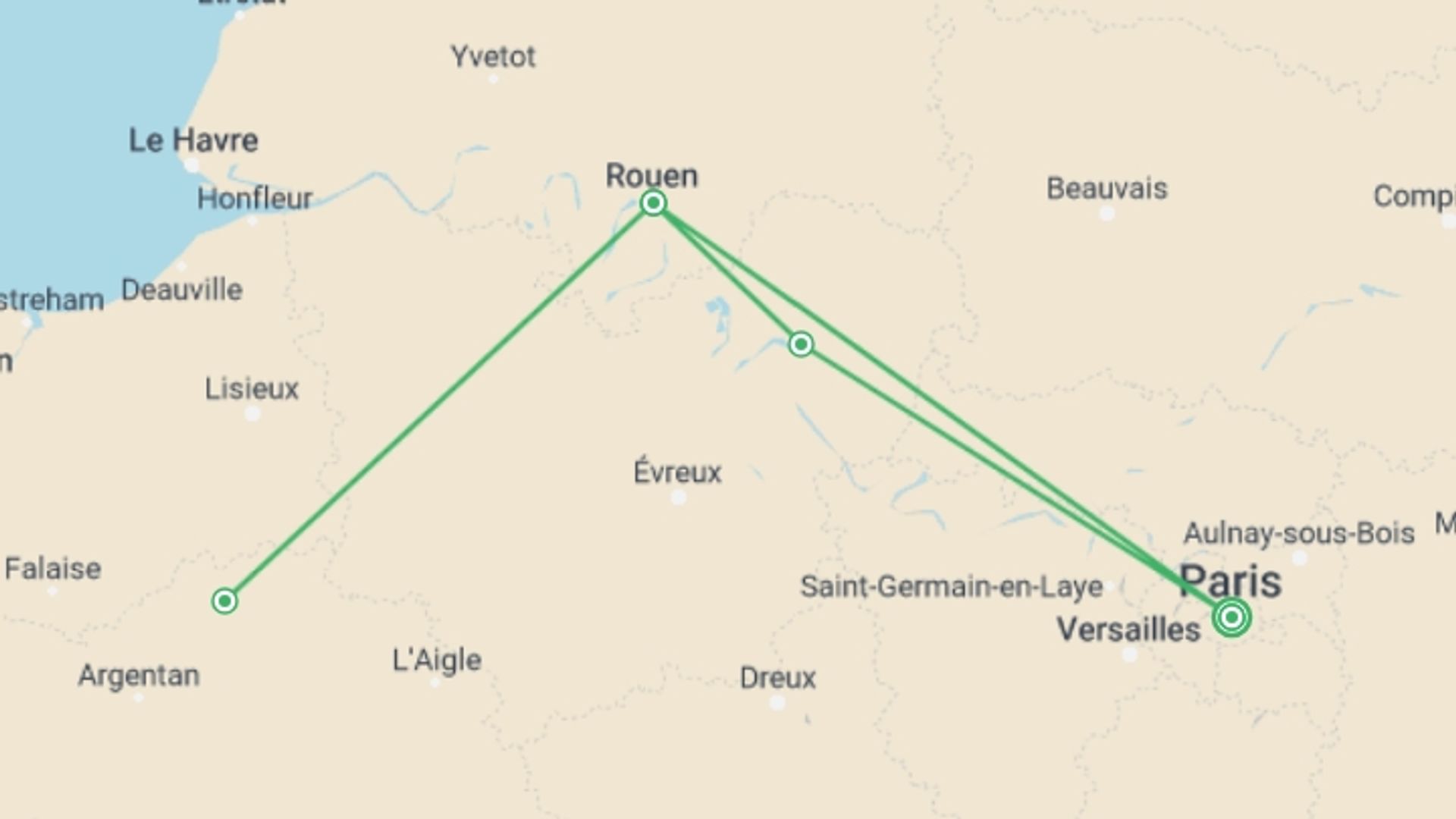 A map showing the tour itinerary for the trip: Christmas in the Seine Valley (port-to-port cruise), starting in Paris, France and ending in Paris, France going through 1 other destinations.