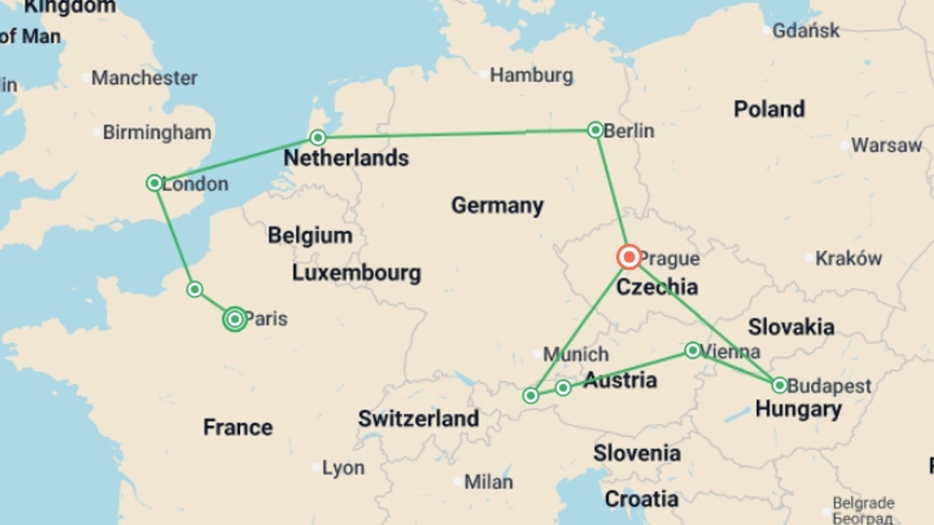A map showing the tour itinerary for the trip: Best of European Capitals, starting in Paris, France and ending in Prague, Czech Republic going through 9 other destinations.