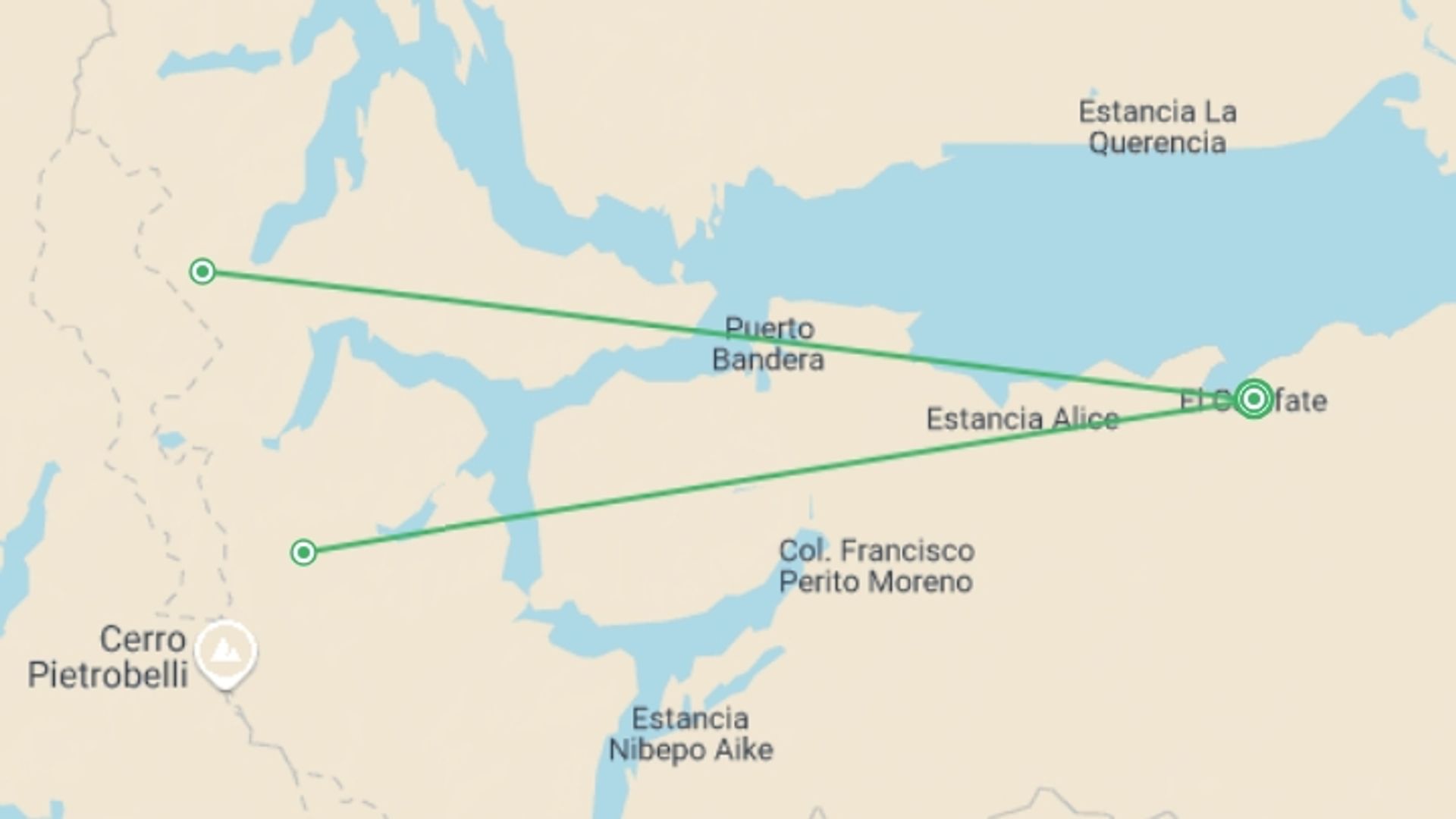 A map showing the tour itinerary for the trip: 4-Day El Calafate Luxury Tour, starting in El Calafate, Argentina and ending in El Calafate, Argentina going through 1 other destinations.