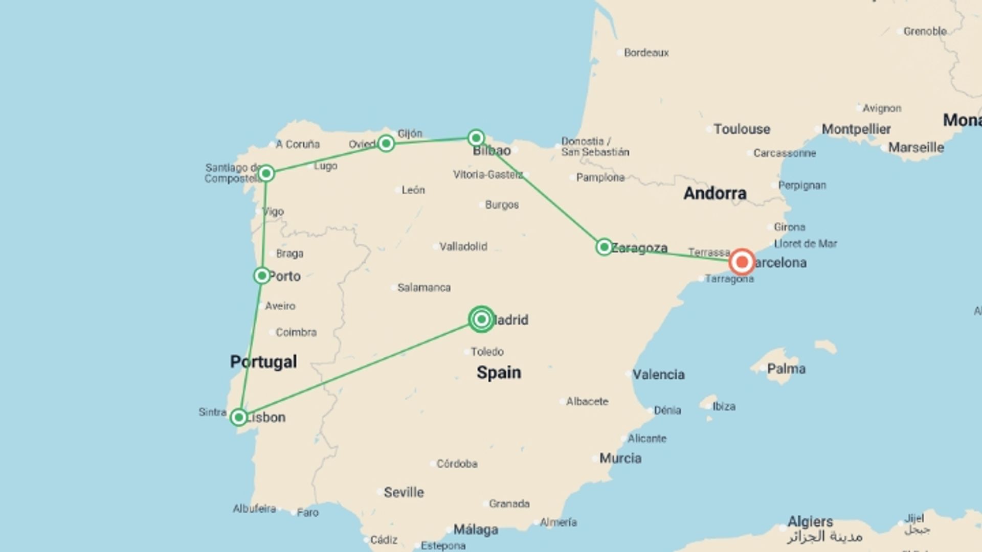 A map showing the tour itinerary for the trip: Iberian Triangle with Barcelona, starting in Madrid, Spain and ending in Barcelona, Spain going through 6 other destinations.