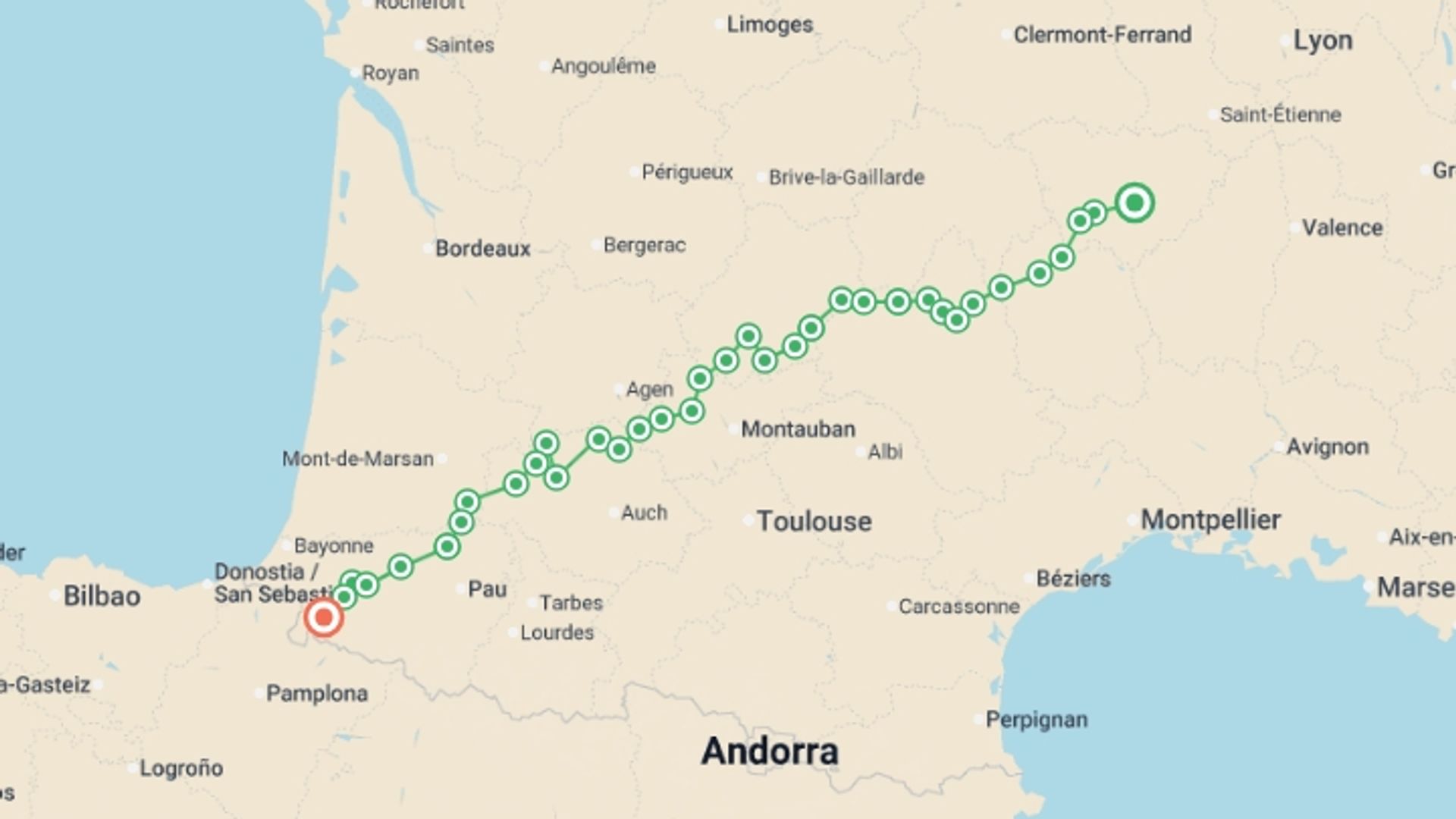 A map showing the tour itinerary for the trip: Full Le Puy Camino, starting in The Way of St. James, France and ending in Saint-Jean-Pied-de-Port, France going through 36 other destinations.