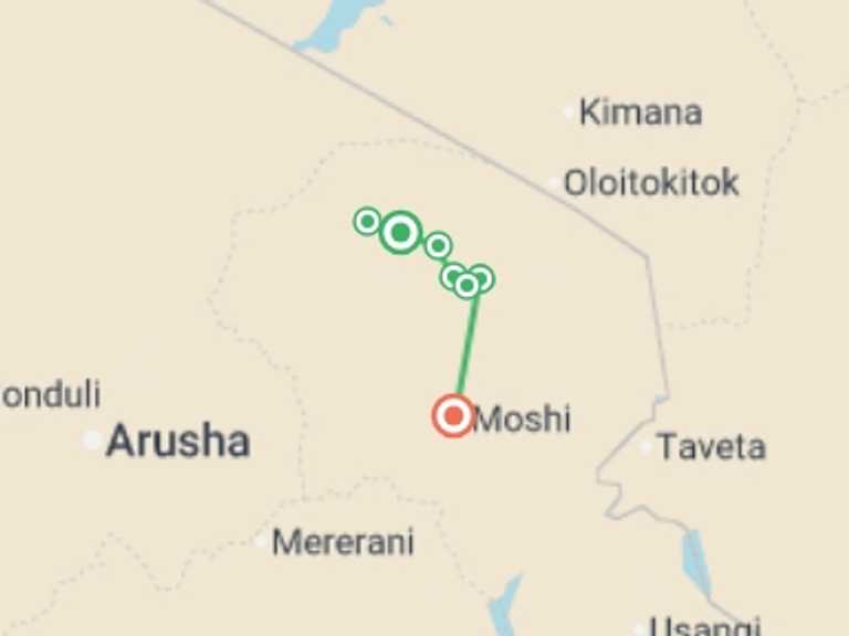 Map itinerary of Tanzania Tour in Spring with 11 destination visits for the trip: Mount Kilimanjaro Climb Via Lemosho Route