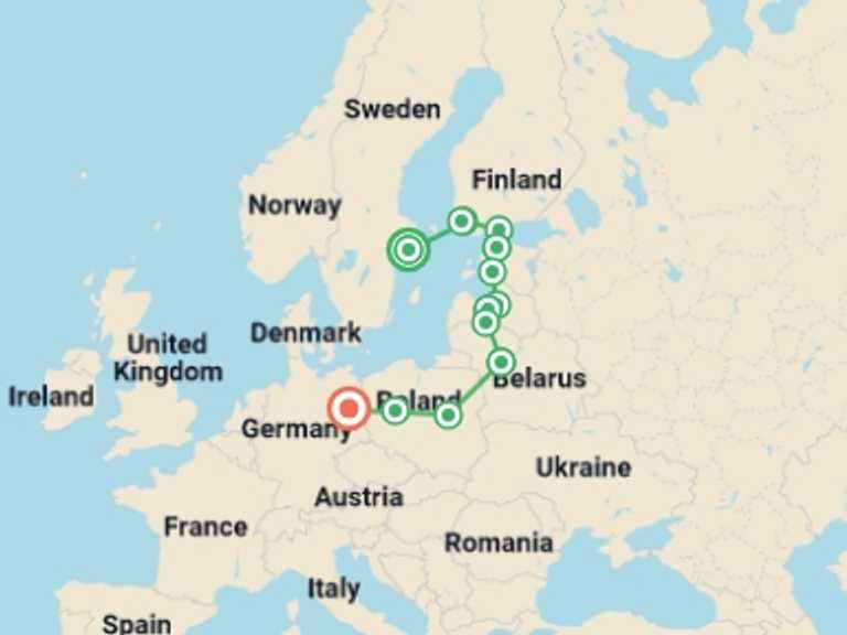 Map itinerary of Europe Tour in June 2026 with 9 destination visits for the trip: Baltic Capitals End Berlin