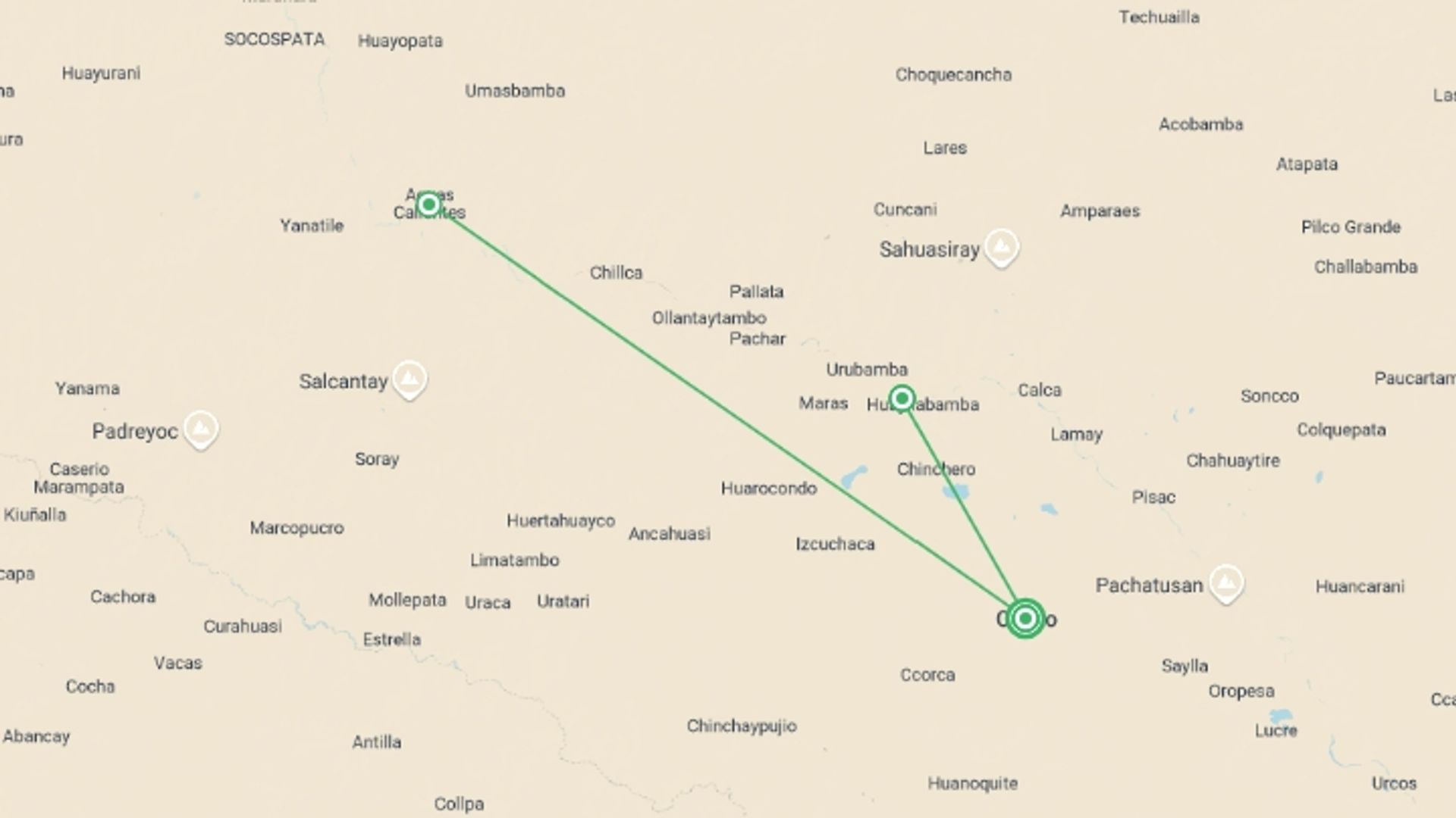 A map showing the tour itinerary for the trip: Peru: The Soul of Cusco & Machu Picchu by Train, starting in Cusco, Peru and ending in Cusco, Peru going through 2 other destinations.
