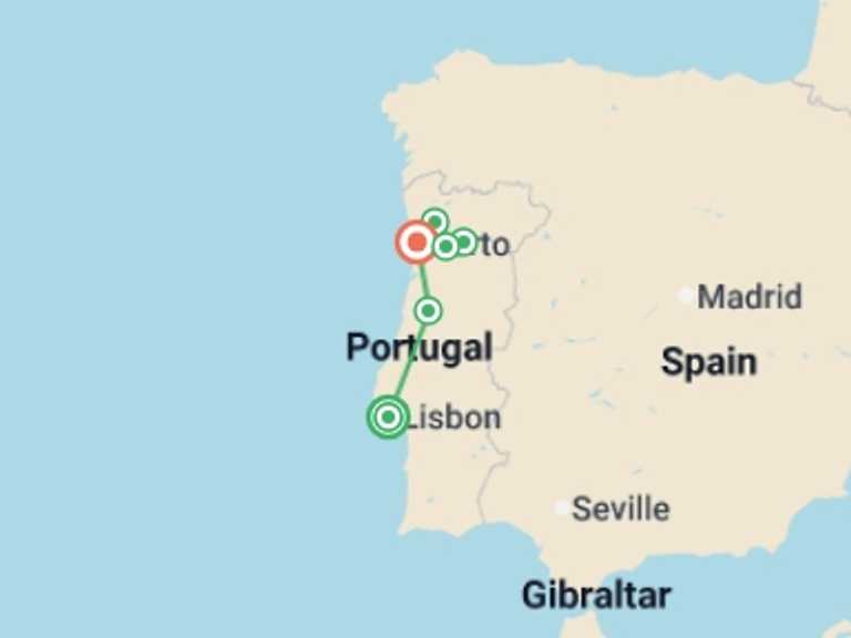 Map of 8-Day Portugal Tour with 4 destination visits for the trip: Discover Lisbon, Porto and the Douro Valley (port-to-port cruise)