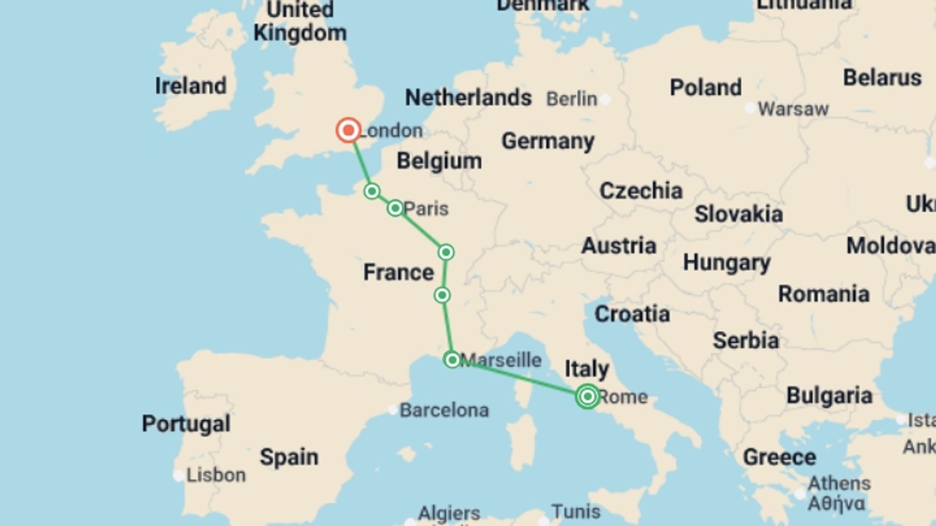 A map showing the tour itinerary for the trip: From Italy to France with London, starting in Rome, Italy and ending in London, England going through 6 other destinations.