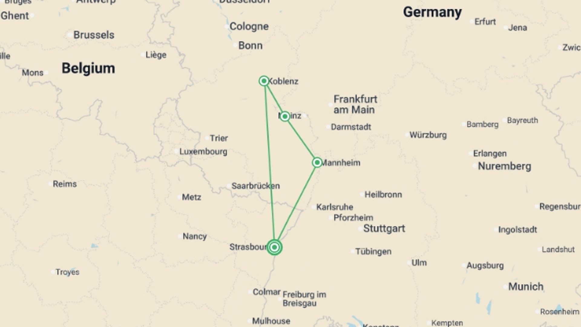 A map showing the tour itinerary for the trip: Family Club - The Romantic Rhine Valley and the Rock of Lorelei (port-to-port cruise), starting in Strasbourg, France and ending in Strasbourg, France going through 3 other destinations.