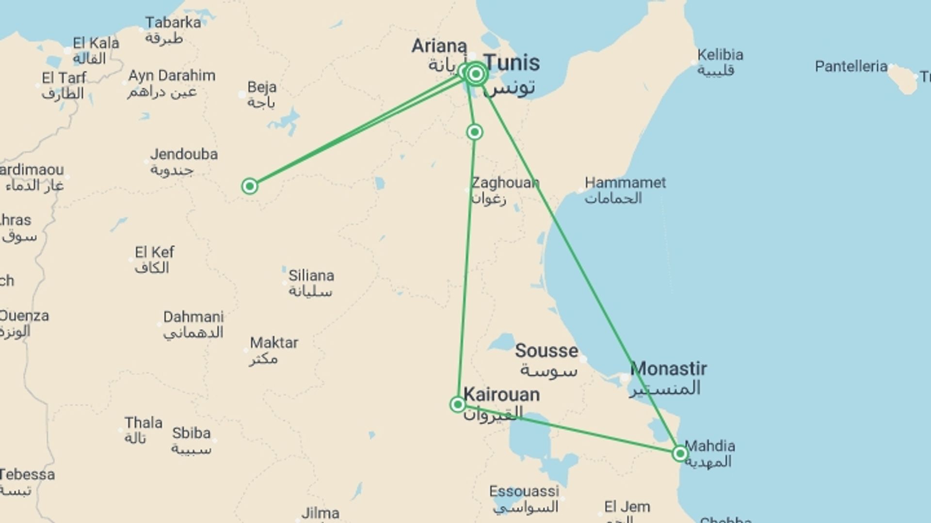 A map showing the tour itinerary for the trip: Tunisian Coast, ancient Carthage and Eclipse, starting in Tunis, Tunisia and ending in Tunis, Tunisia going through 1 other destinations.