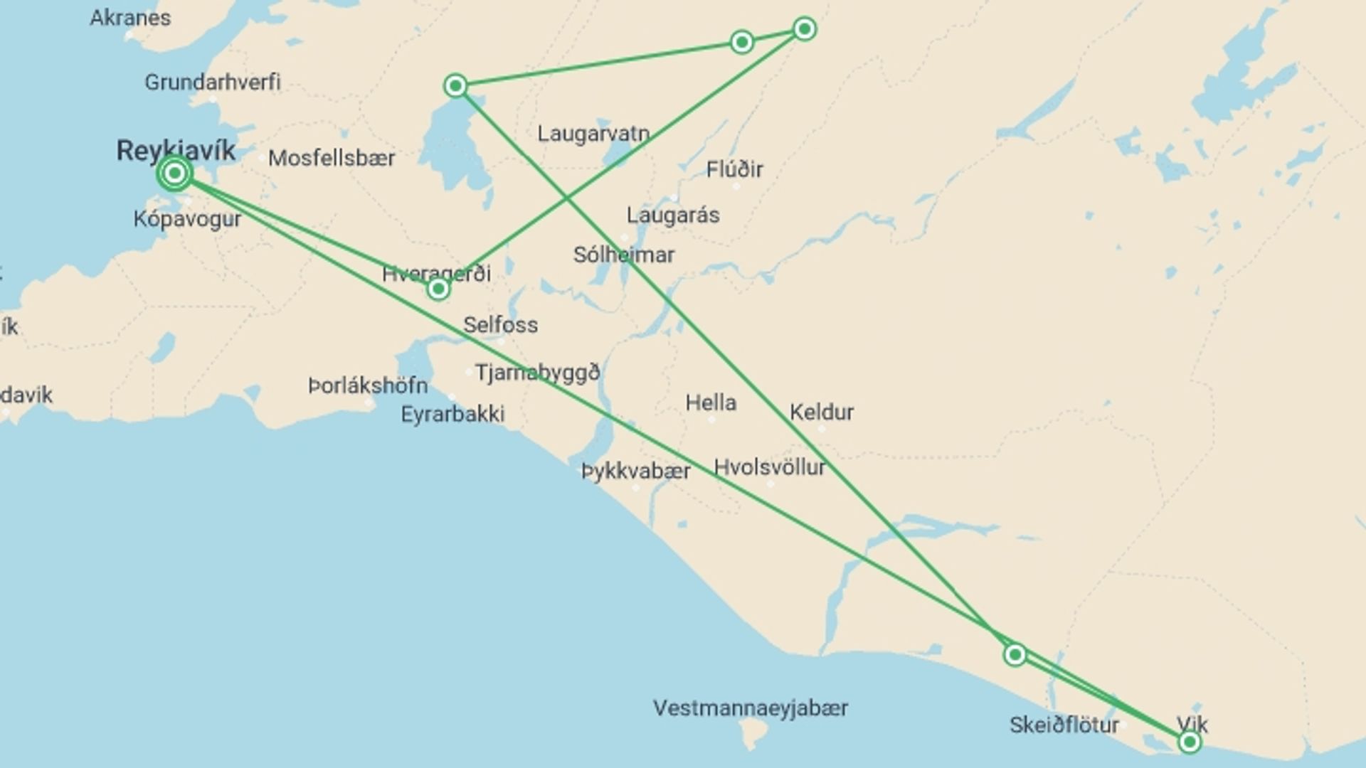 A map showing the tour itinerary for the trip: Iceland Family Journey: Geysers, Glaciers, and Fjords, starting in Reykjavik, Iceland and ending in Reykjavik, Iceland going through 4 other destinations.