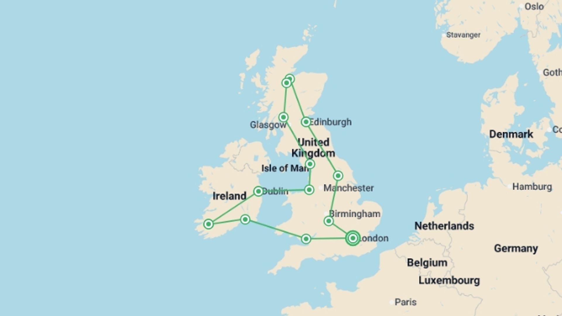 A map showing the tour itinerary for the trip: Britain & Ireland Explorer, starting in London, England and ending in London, England going through 9 other destinations.