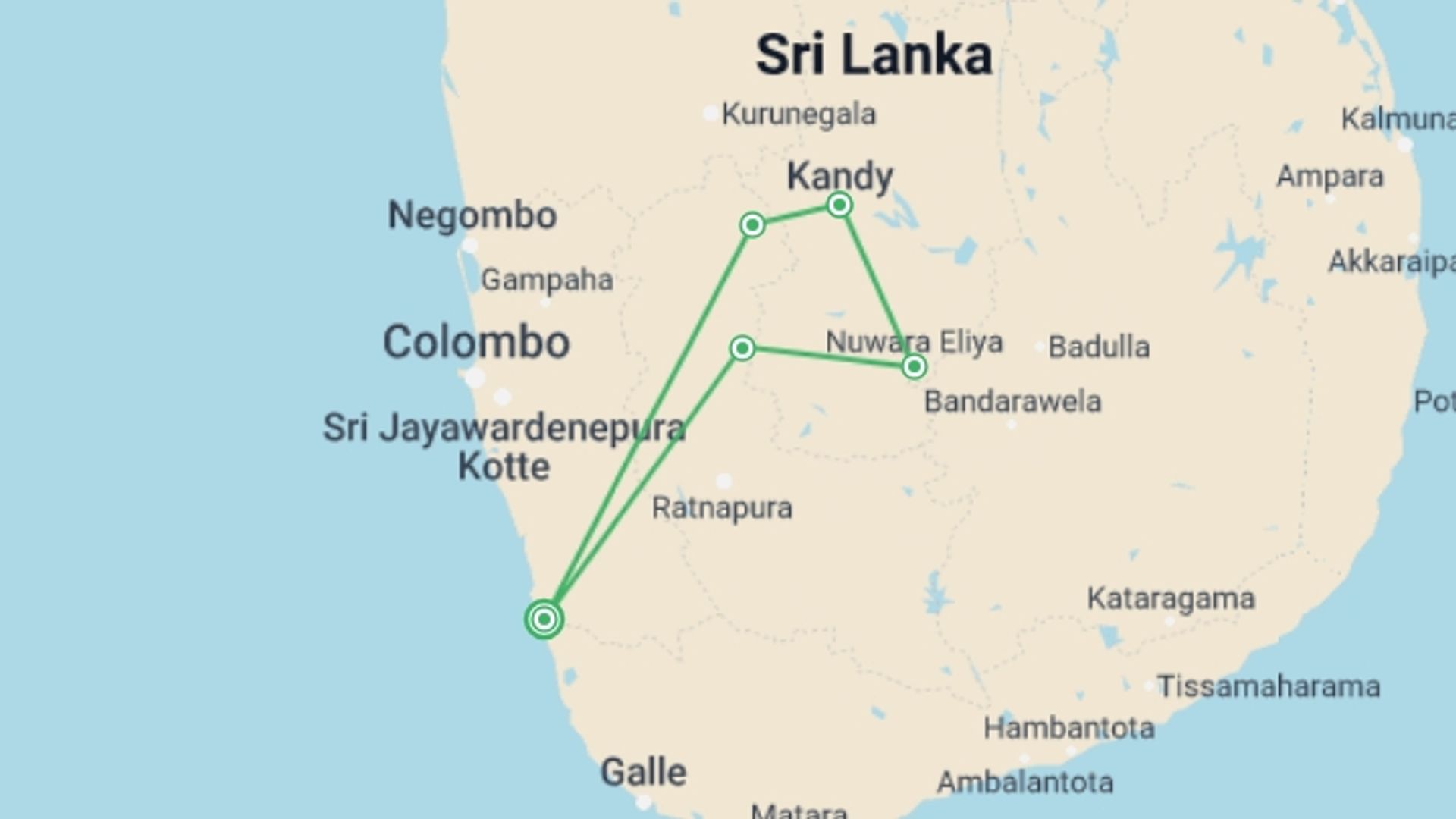 A map showing the tour itinerary for the trip: Kandy & Nuwara Eliya, Private Tour, starting in Bentota, Sri Lanka and ending in Bentota, Sri Lanka going through 2 other destinations.