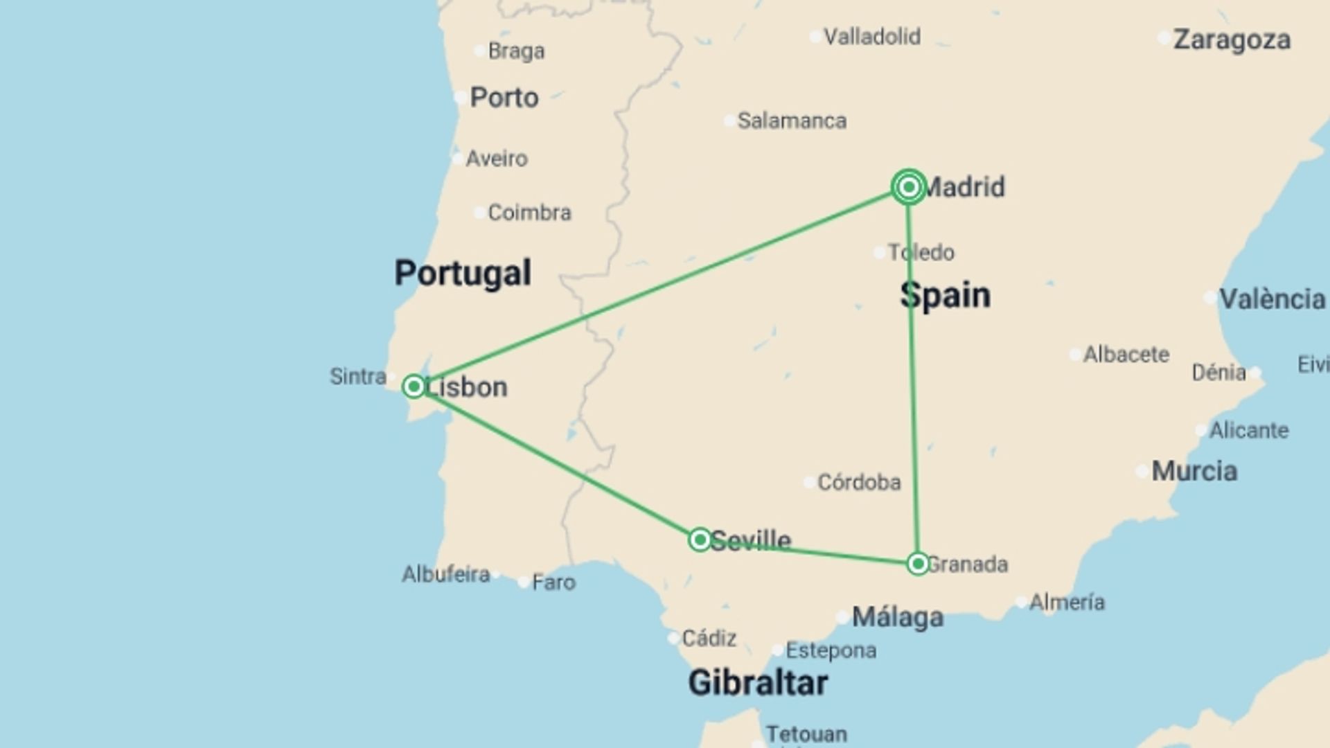 A map showing the tour itinerary for the trip: Iberian Ring GO (without Alhambra), starting in Madrid, Spain and ending in Madrid, Spain going through 3 other destinations.