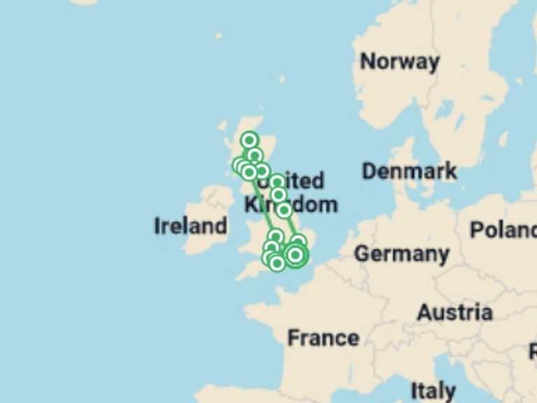 Map itinerary of Glasgow Tour in August 2026 with 7 destination visits for the trip: London, the Highlands, and Southern England