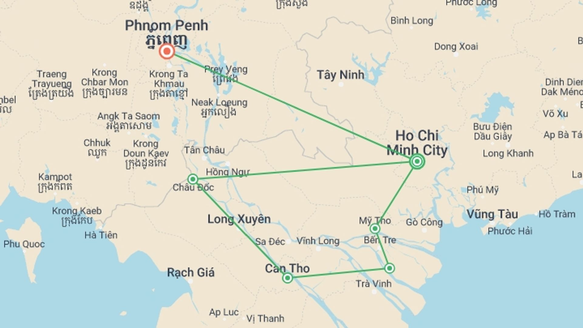 A map showing the tour itinerary for the trip: My Tho and Chau Doc with Mekong Delta Cruise, starting in Ho Chi Minh City, Vietnam and ending in Phnom Penh, Cambodia going through 3 other destinations.
