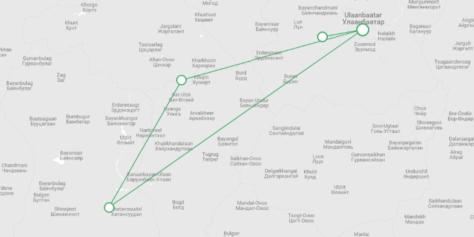 A map showing the tour itinerary for the trip: LUXURY CENTRAL MONGOLIA ADVENTURE TOUR, starting in Ulaanbaatar, Mongolia and ending in Ulaanbaatar, Mongolia going through 2 other destinations.