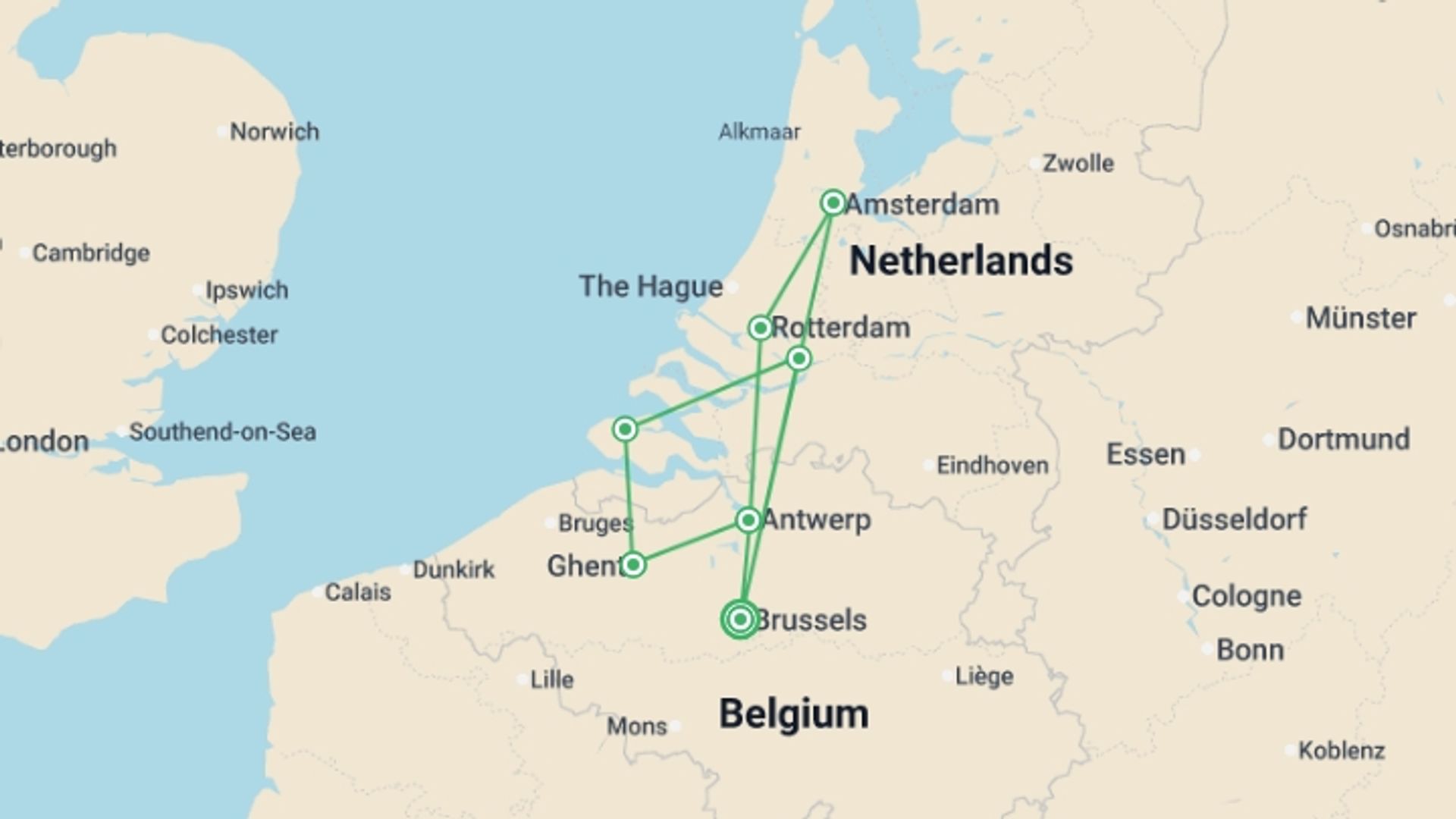 A map showing the tour itinerary for the trip: Northern European Culture and Charm: A Cruise between The Netherlands and Belgium. (port-to-port cruise), starting in Brussels, Belgium and ending in Brussels, Belgium going through 6 other destinations.