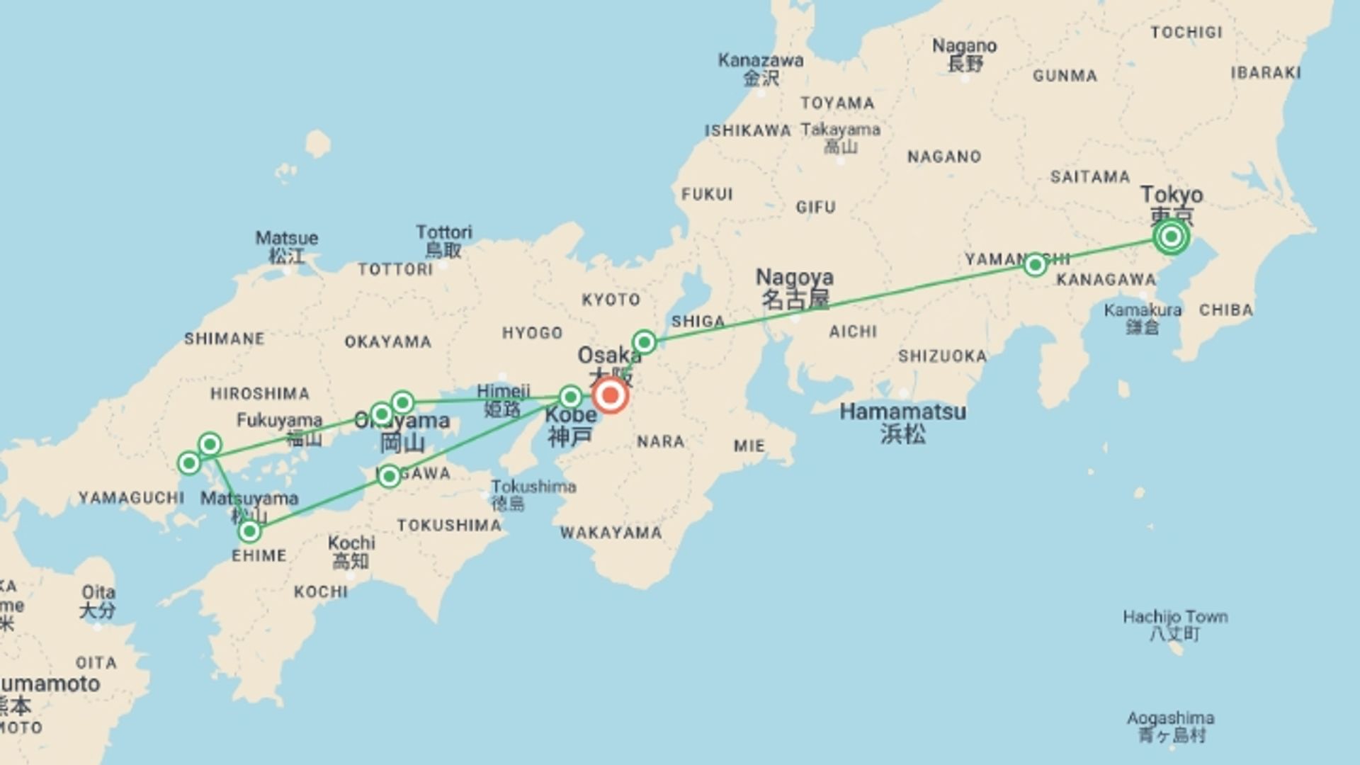 A map showing the tour itinerary for the trip: Wonders of Japan End Osaka, starting in Tokyo, Japan and ending in Osaka, Japan going through 6 other destinations.