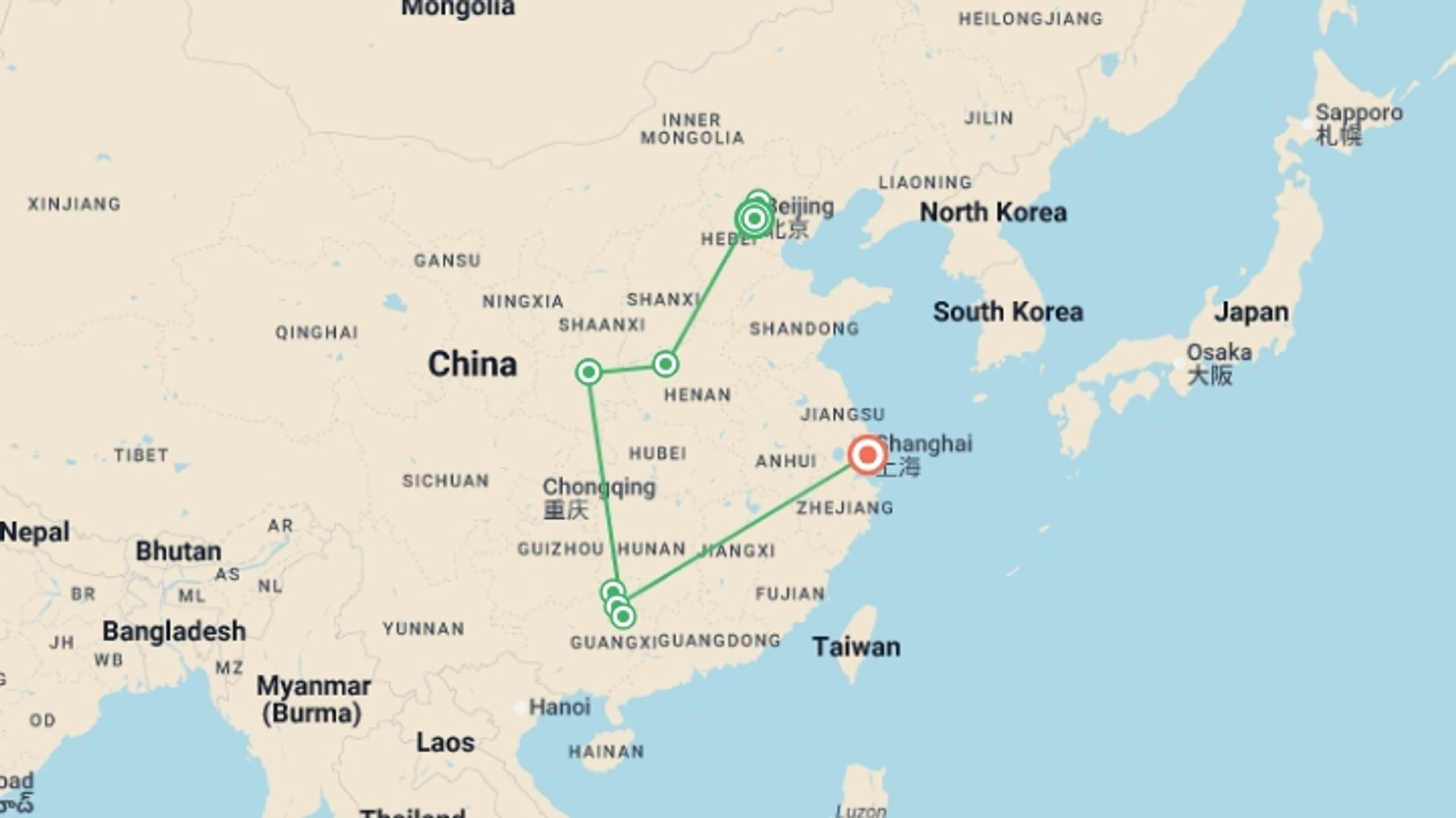 A map showing the tour itinerary for the trip: Fine China - 13 days, starting in Beijing, China and ending in Shanghai, China going through 6 other destinations.
