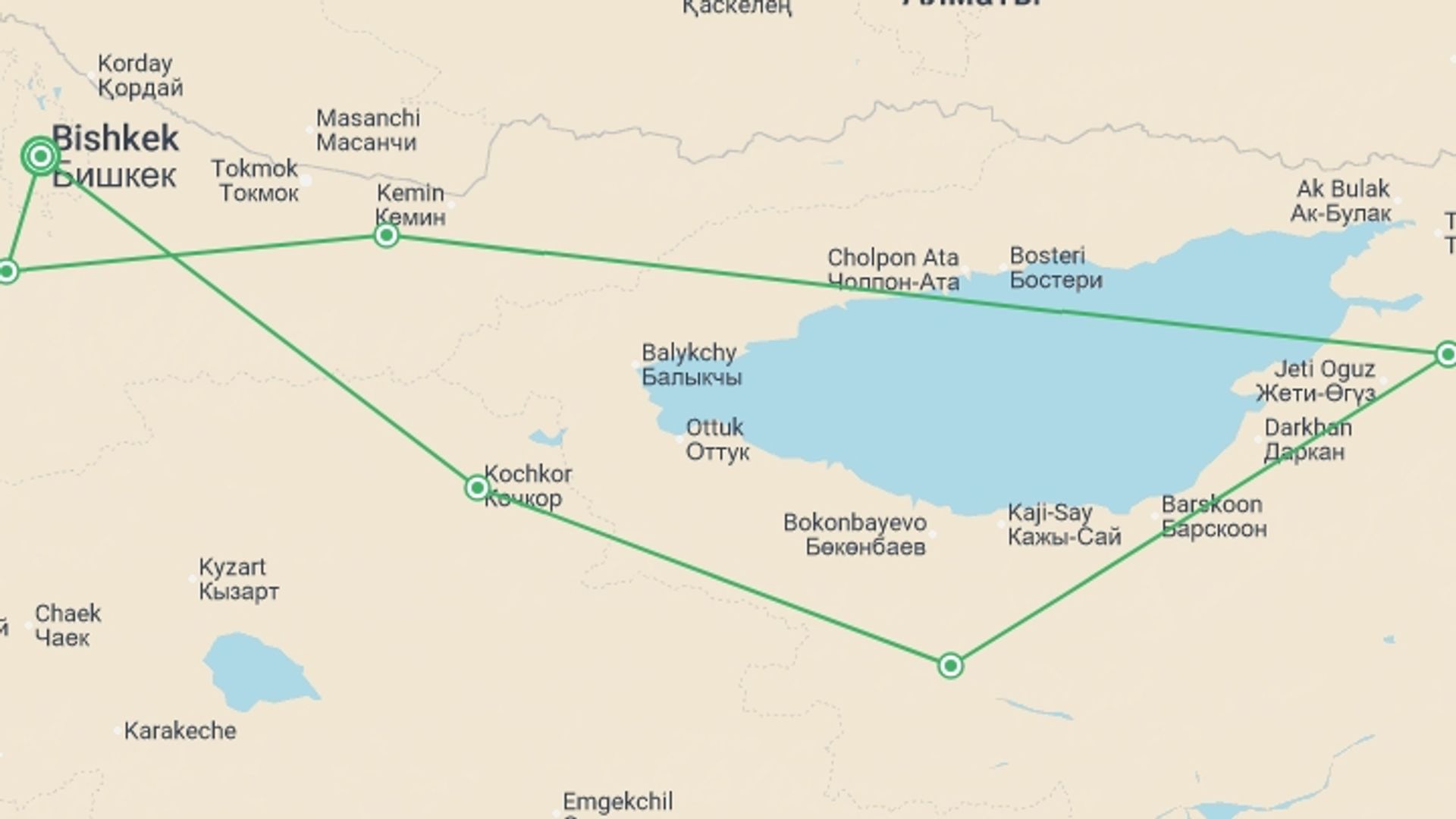 A map showing the tour itinerary for the trip: Walking in Kyrgyzstan, starting in Bishkek, Kyrgyzstan and ending in Bishkek, Kyrgyzstan going through 6 other destinations.