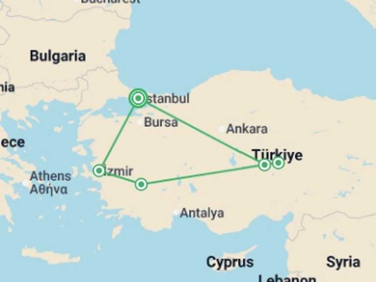 Map of Mediterranean City sightseeing Tour with 7 destination visits for the trip: Istanbul, Ephesus, Pamukkale and Cappadocia