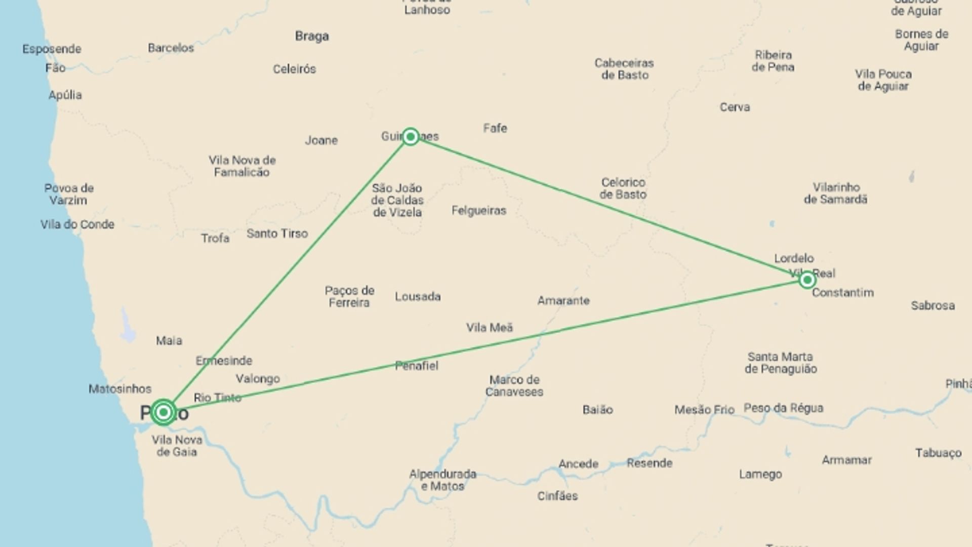A map showing the tour itinerary for the trip: Wonders of Northern Portugal - 7 days, starting in Porto, Portugal and ending in Porto, Portugal going through 2 other destinations.