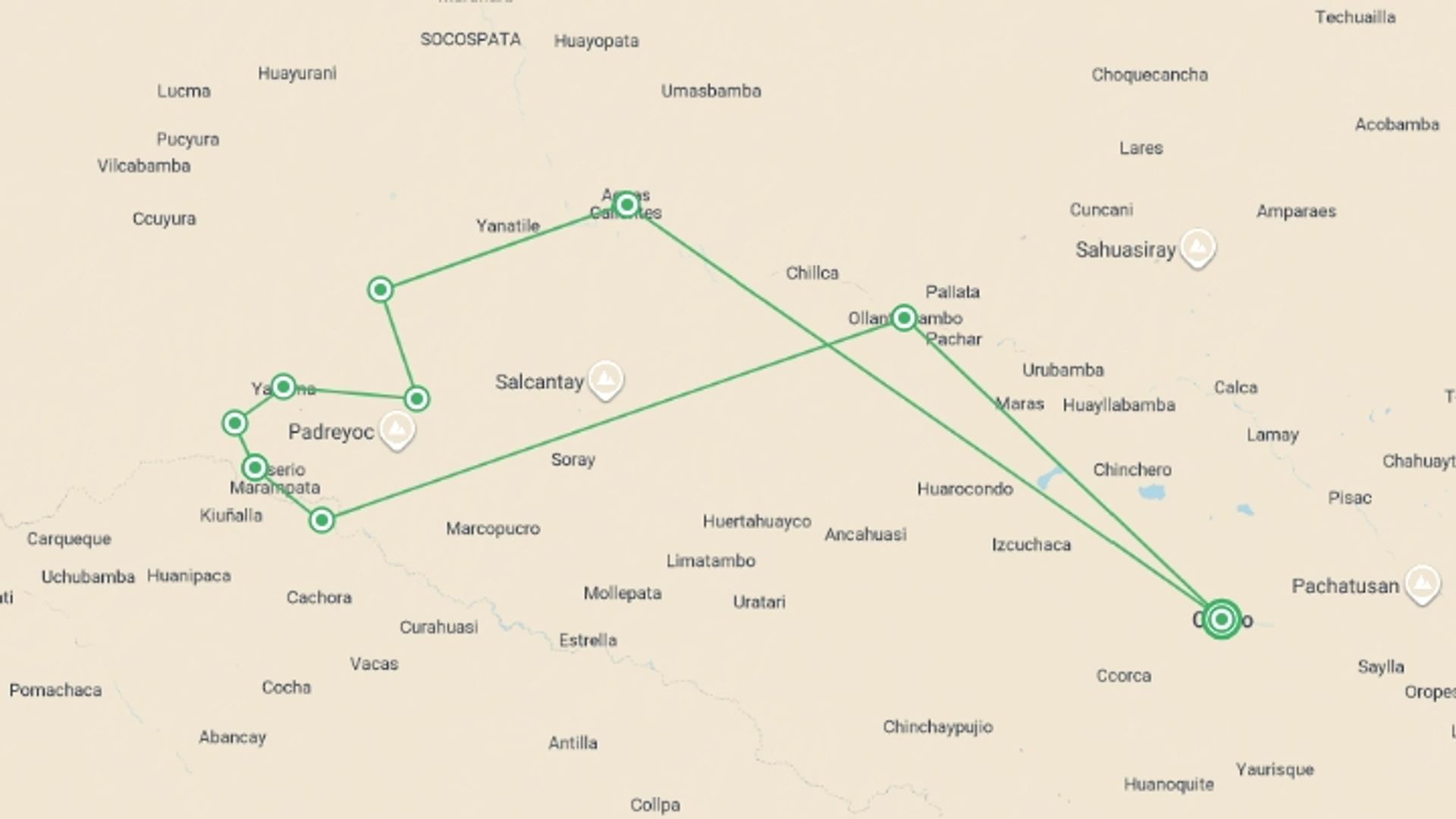 A map showing the tour itinerary for the trip: Inca Rivers Trek - Choquequirao to Machu Picchu, starting in Cusco, Peru and ending in Cusco, Peru going through 5 other destinations.