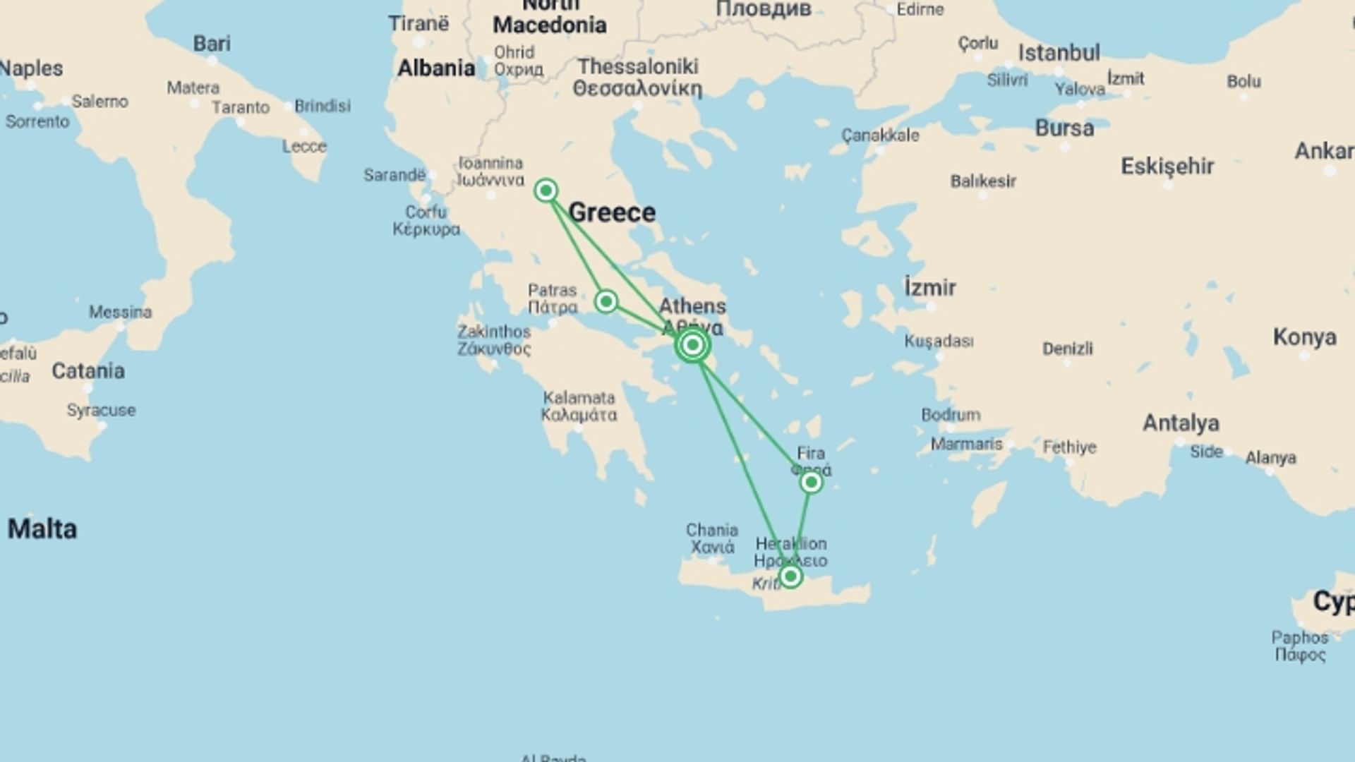 A map showing the tour itinerary for the trip: Crete and Northern Greece, starting in Athens, Greece and ending in Athens, Greece going through 4 other destinations.