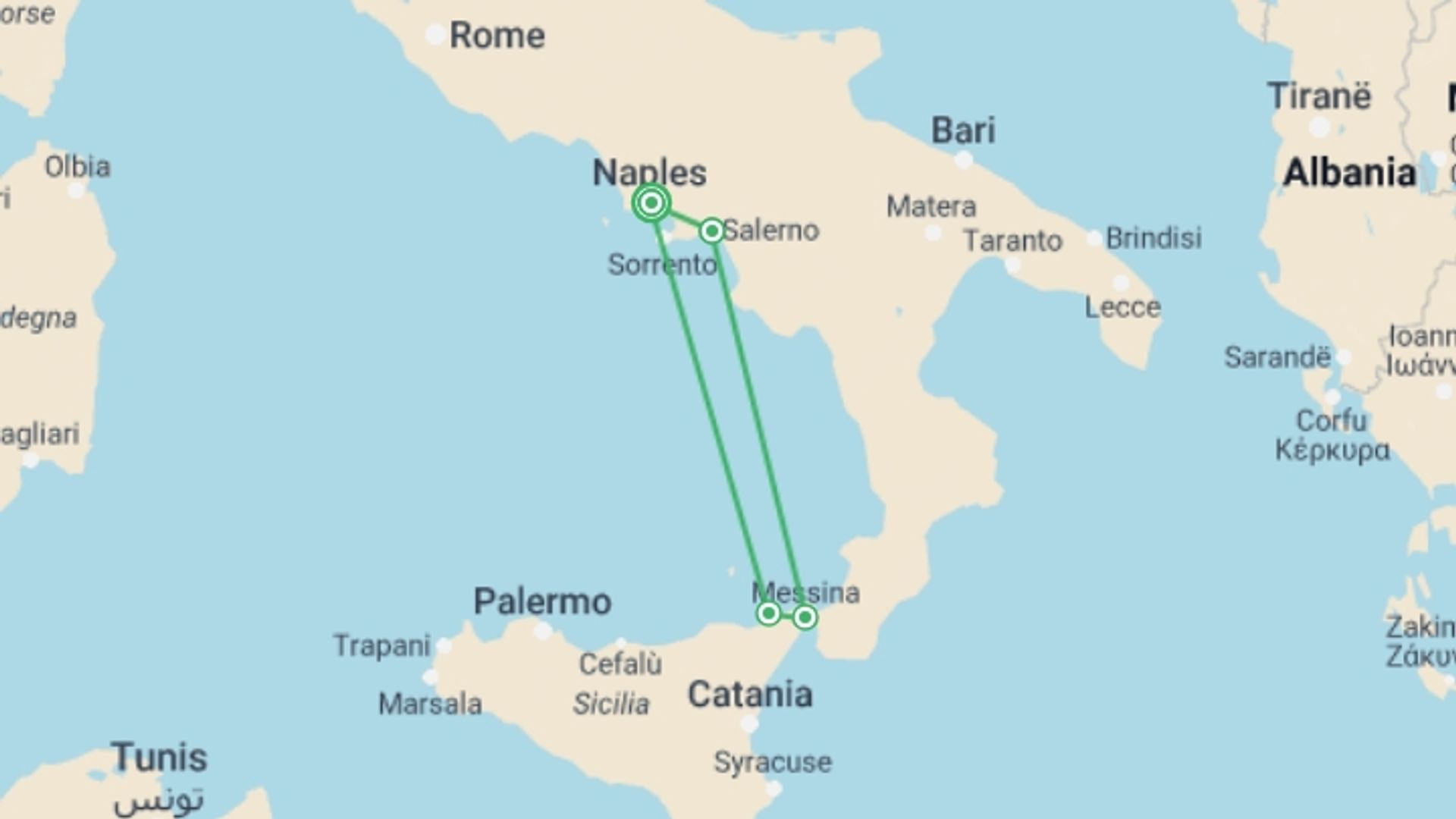A map showing the tour itinerary for the trip: Naples, the Amalfi Coast, and Sicily (port-to-port package), starting in Naples, Italy and ending in Naples, Italy going through 3 other destinations.