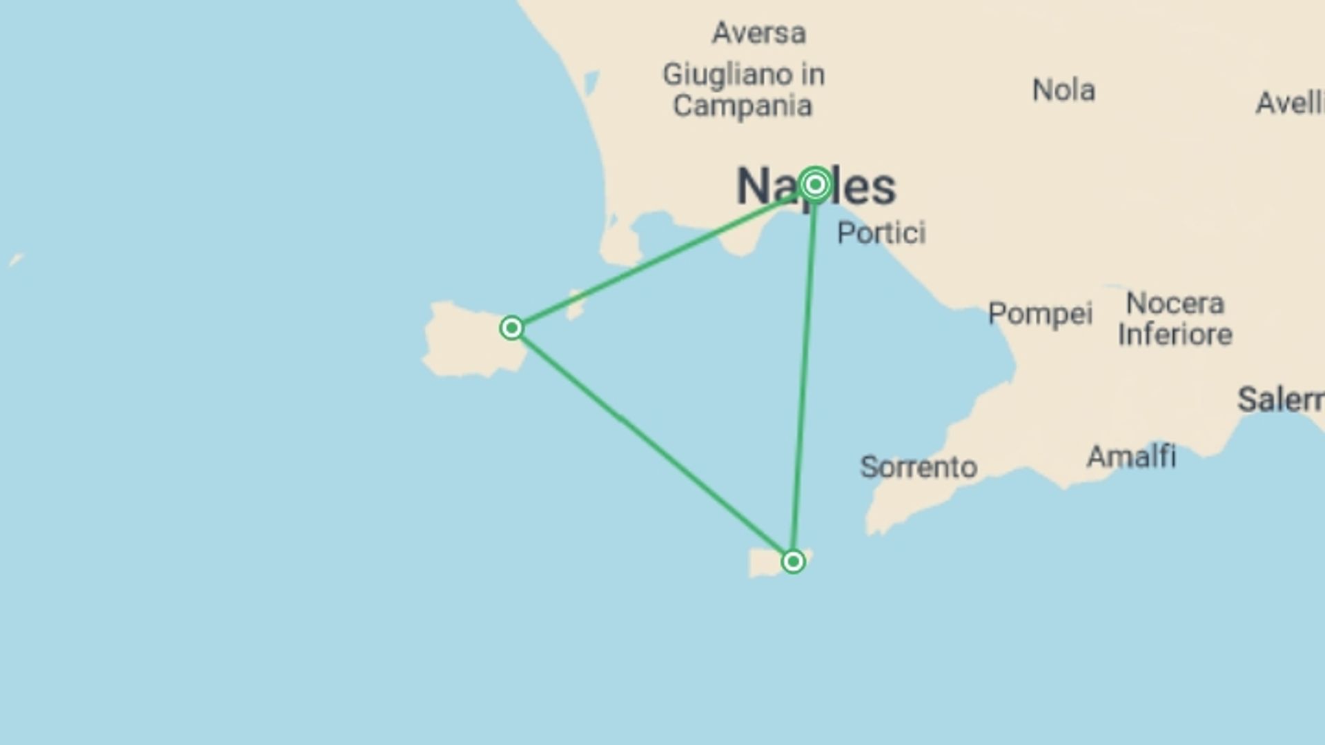 A map showing the tour itinerary for the trip: Campania Sea And Islands, Private Tour, starting in Naples, Italy and ending in Naples, Italy going through 2 other destinations.