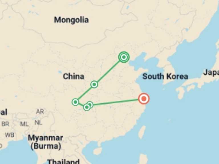 Map itinerary of China Tour in September 2026 with 6 destination visits for the trip: Beijing to Yangtze River & Shanghai - 13 days