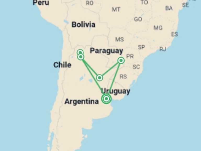 Map of a Waterfalls Tour with 5 destination visits for the trip: Deserts, Jungle and Falls