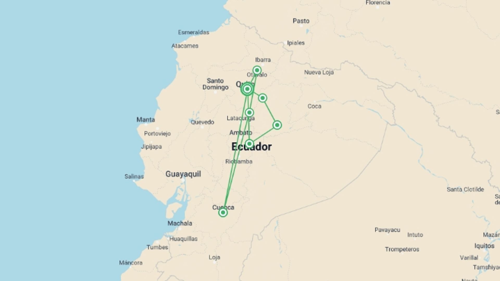 A map showing the tour itinerary for the trip: Inland & Amazon, starting in Quito, Ecuador and ending in Quito, Ecuador going through 6 other destinations.