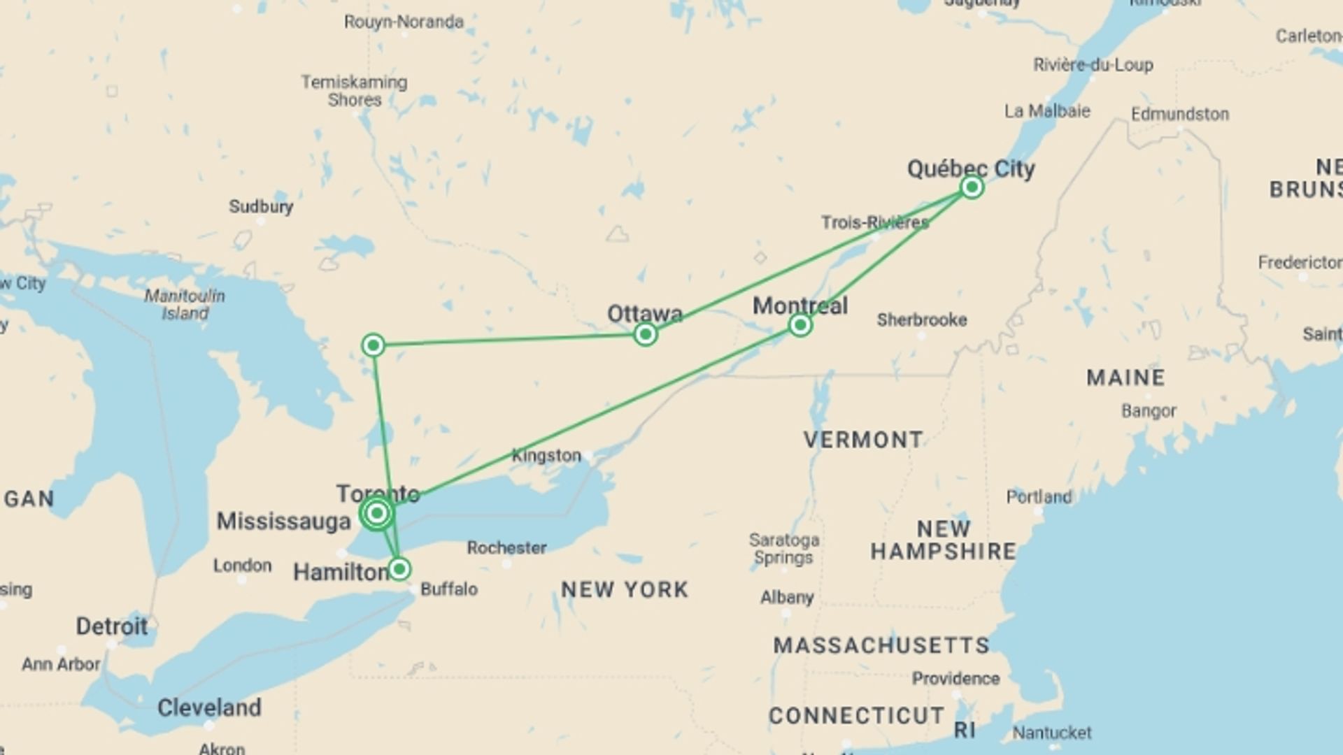 A map showing the tour itinerary for the trip: Eastern Explorer, starting in Toronto, Canada and ending in Toronto, Canada going through 5 other destinations.